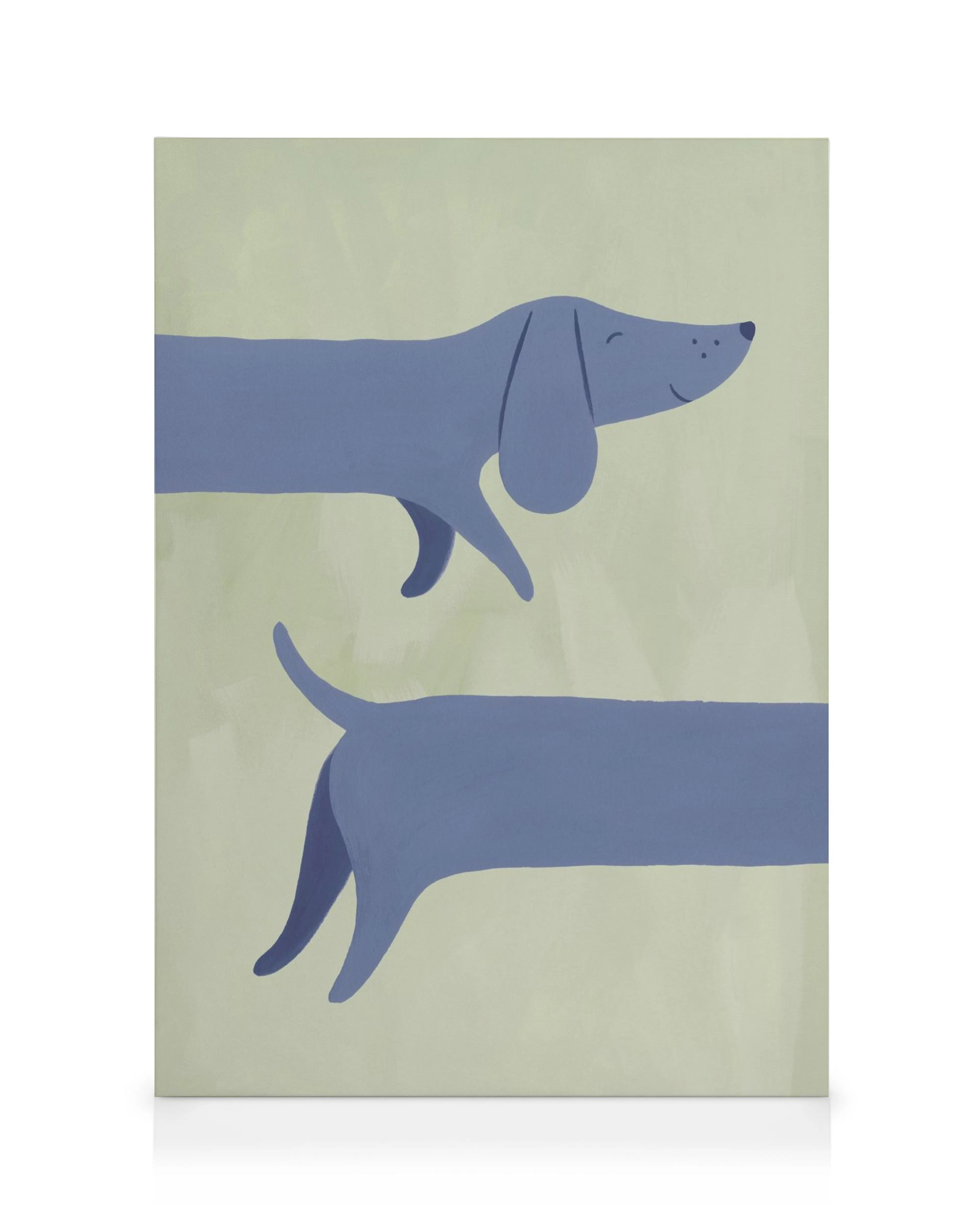 Two stylized blue dachshund dogs on a light green background, a charming animal canvas print.