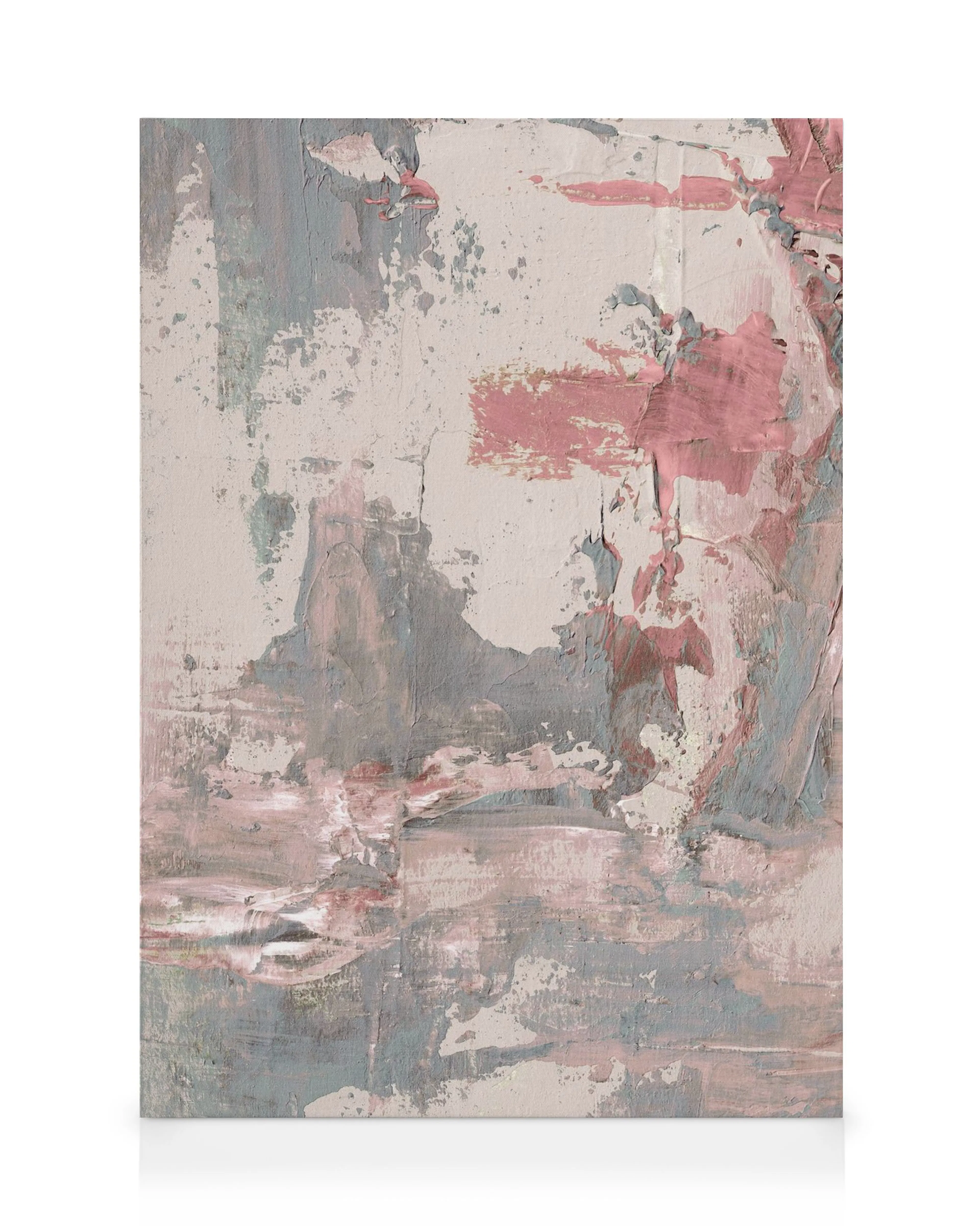 Abstraktes Leinwandbild mit strukturierten Pinselstrichen in Rosa, Weiß, Grau und Rot. Handgemalte Wandkunst.