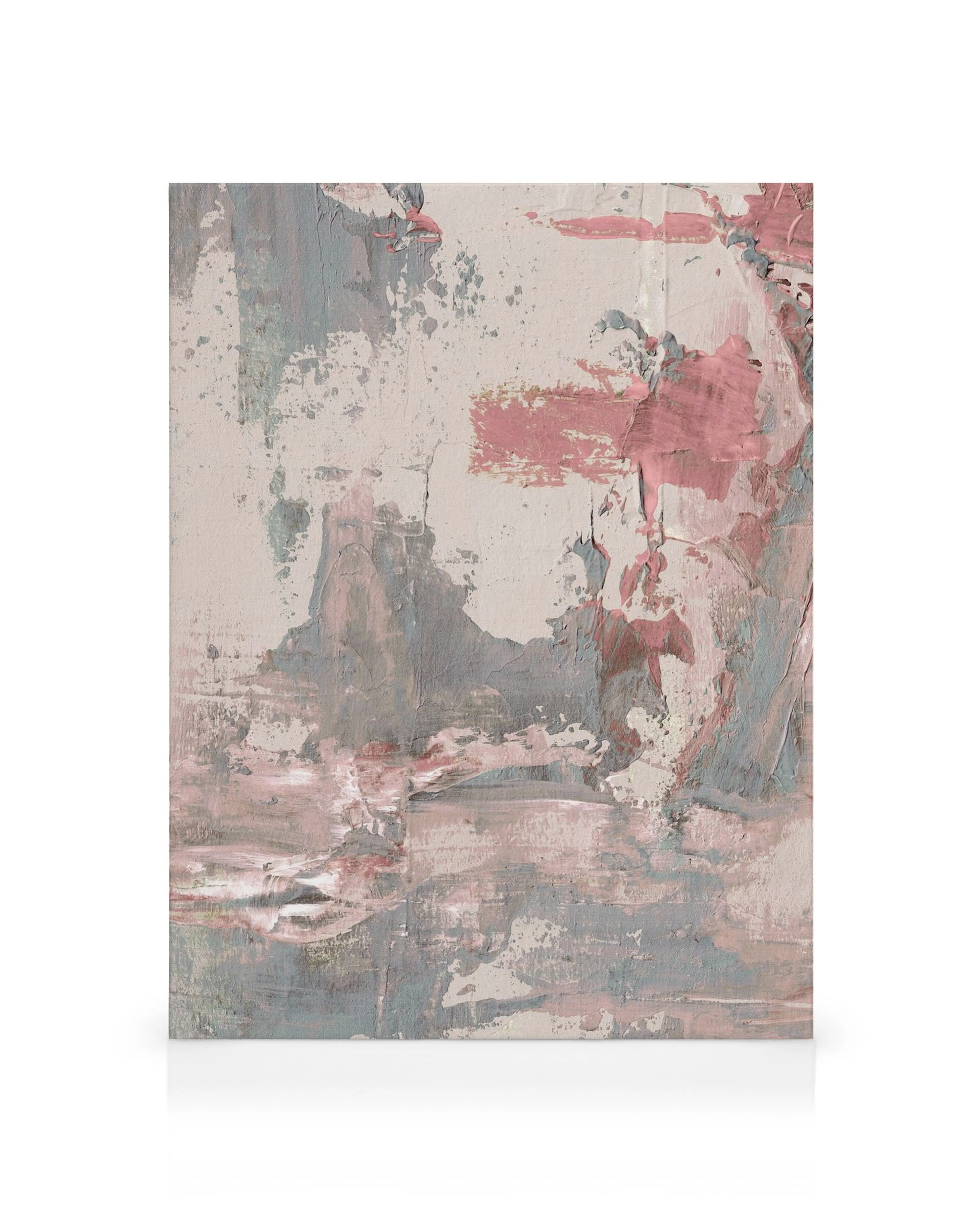 Abstract canvas print with textured brushstrokes in pink, white, gray, and red on a light background.