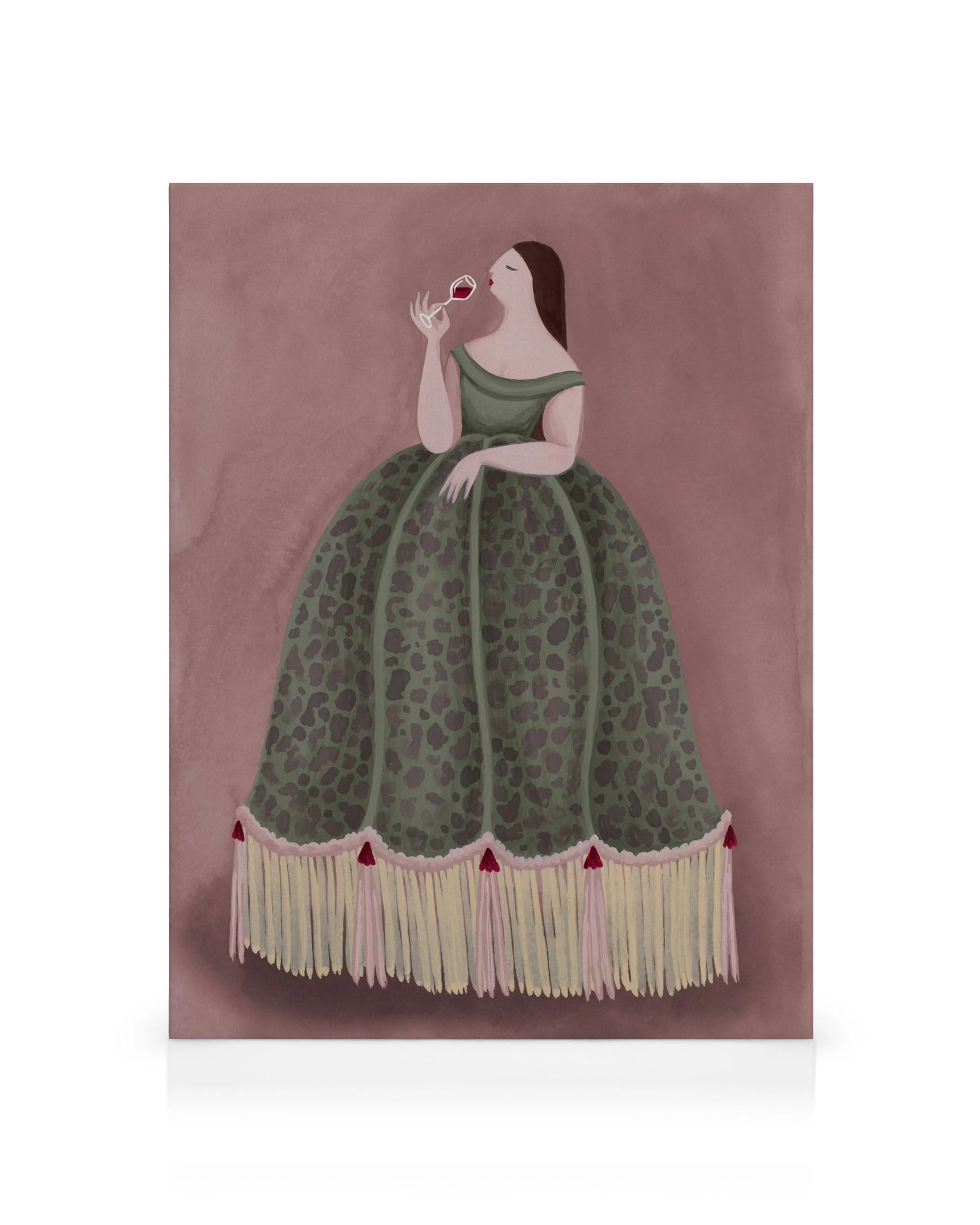 Elegant woman in a green patterned dress sips red wine, a vintage art print for home decor.