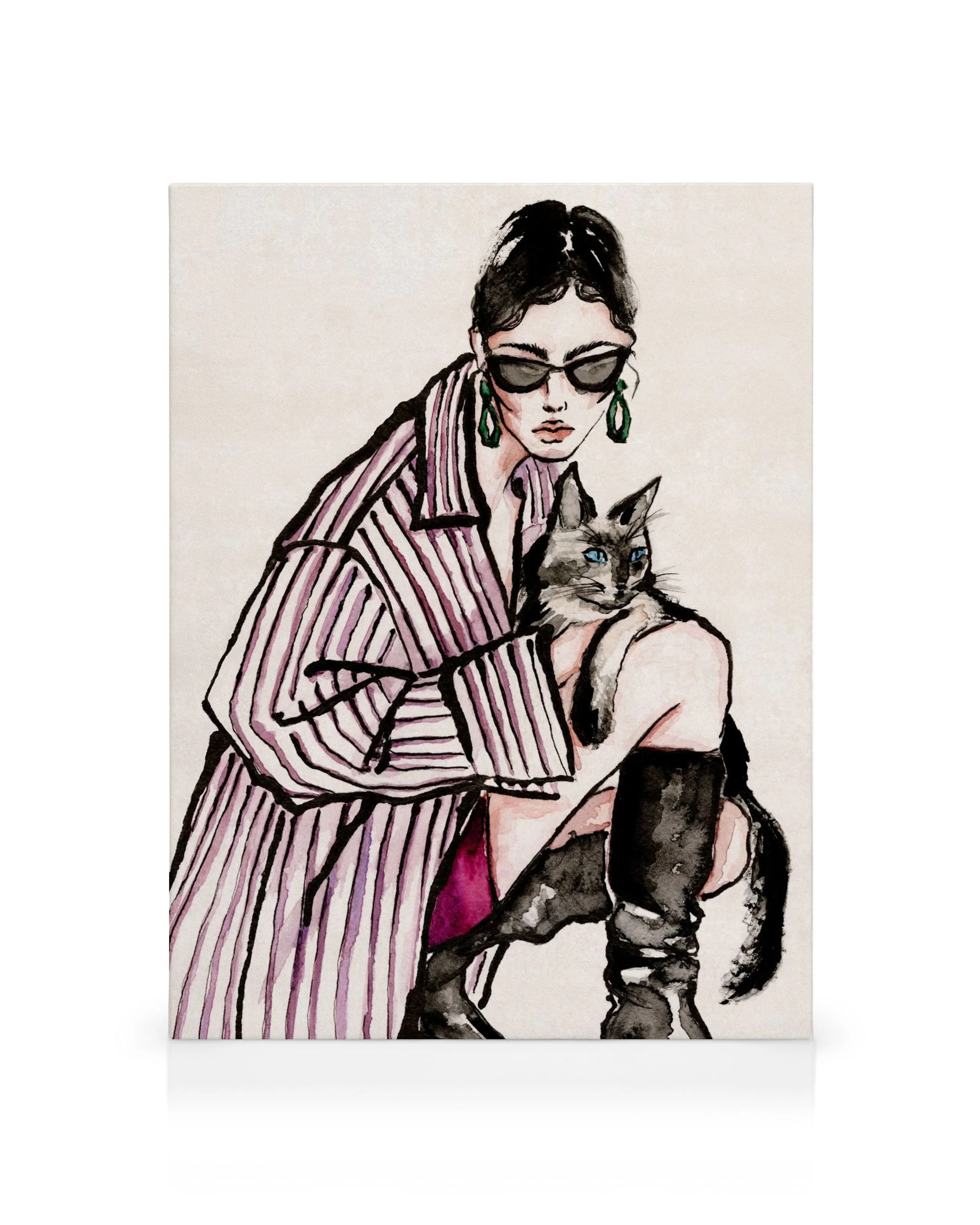 Illustration einer Frau mit schwarzem Mantel, Sonnenbrille und einer Katze auf dem Arm, moderne Kunst auf Leinwand.