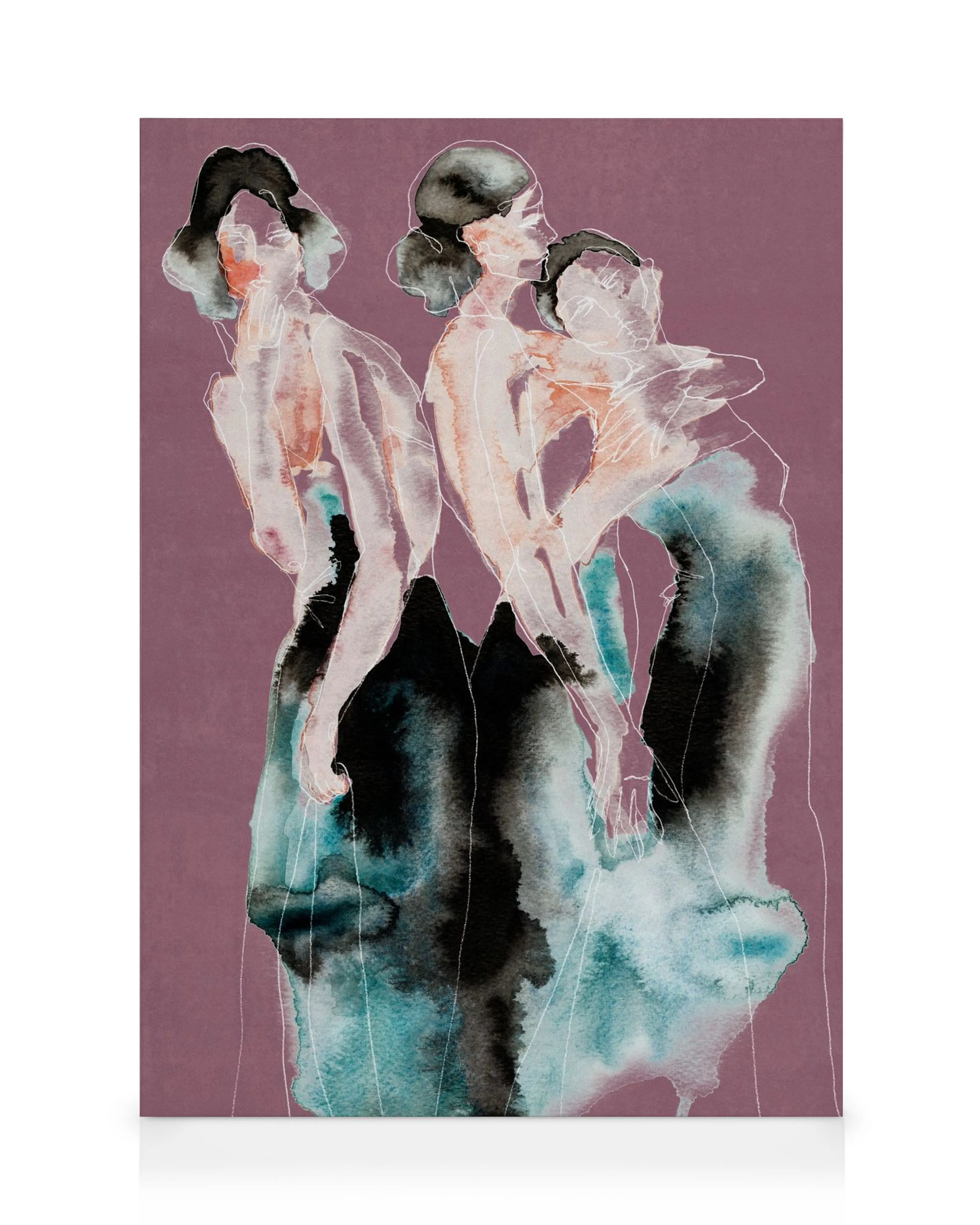 Toile abstraite de trois figures fluides noires et bleues sur fond violet avec des touches de rose et orange