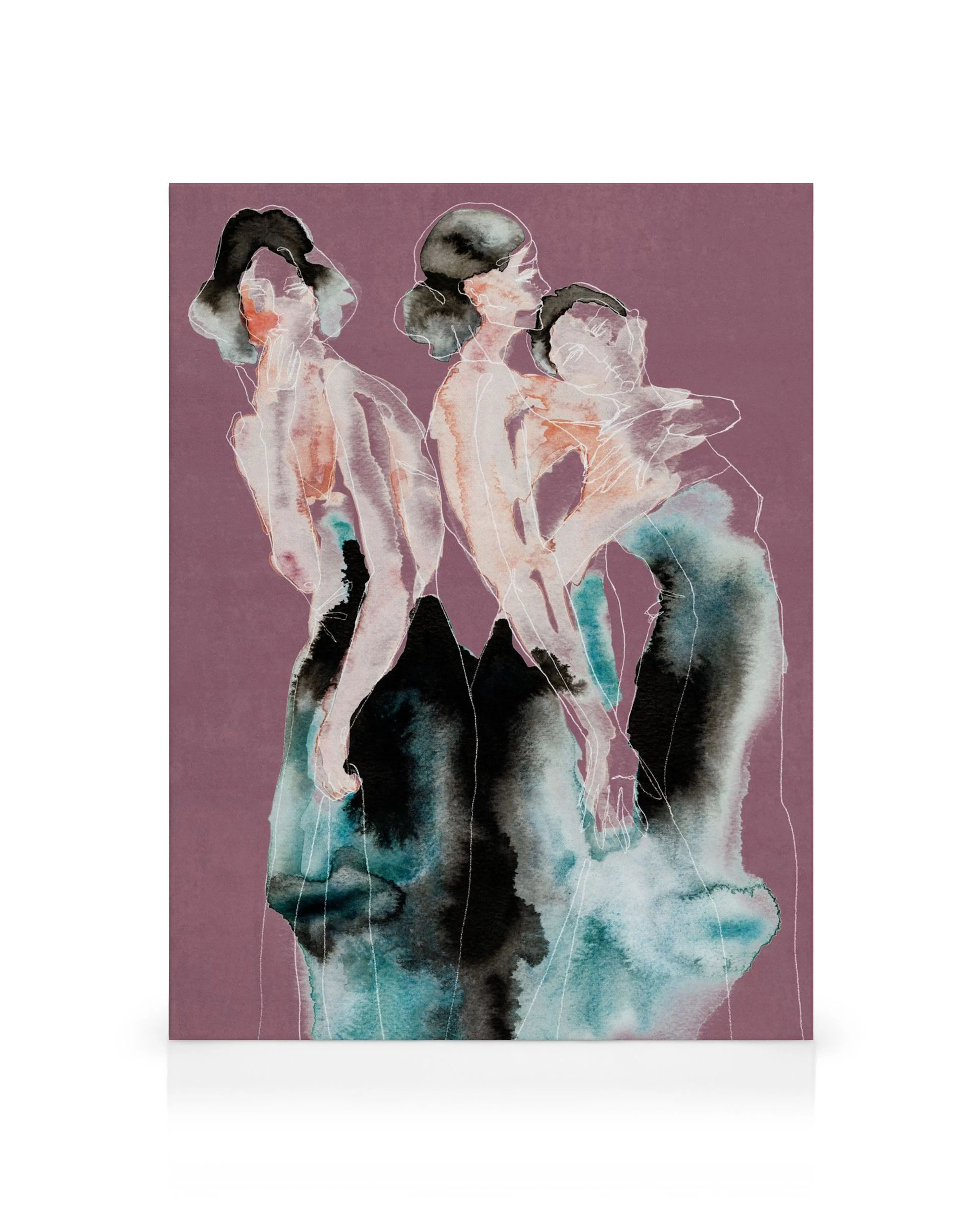 The Triplets canvas print, watercolor illustration of three women in shades of teal, black, and peach on a mauve background.