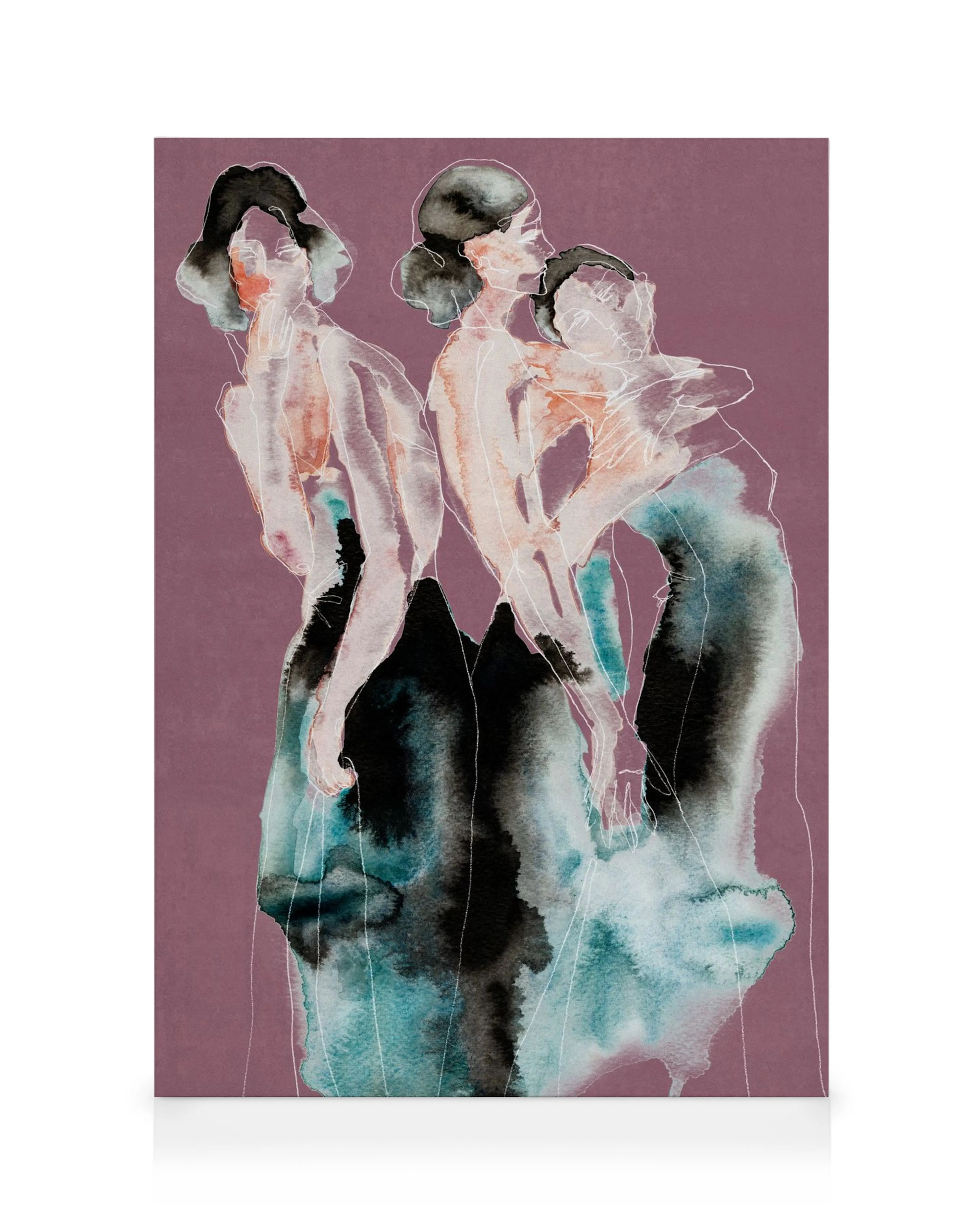 Abstract canvas print with three elongated figures in purple, black, and blue watercolor tones.