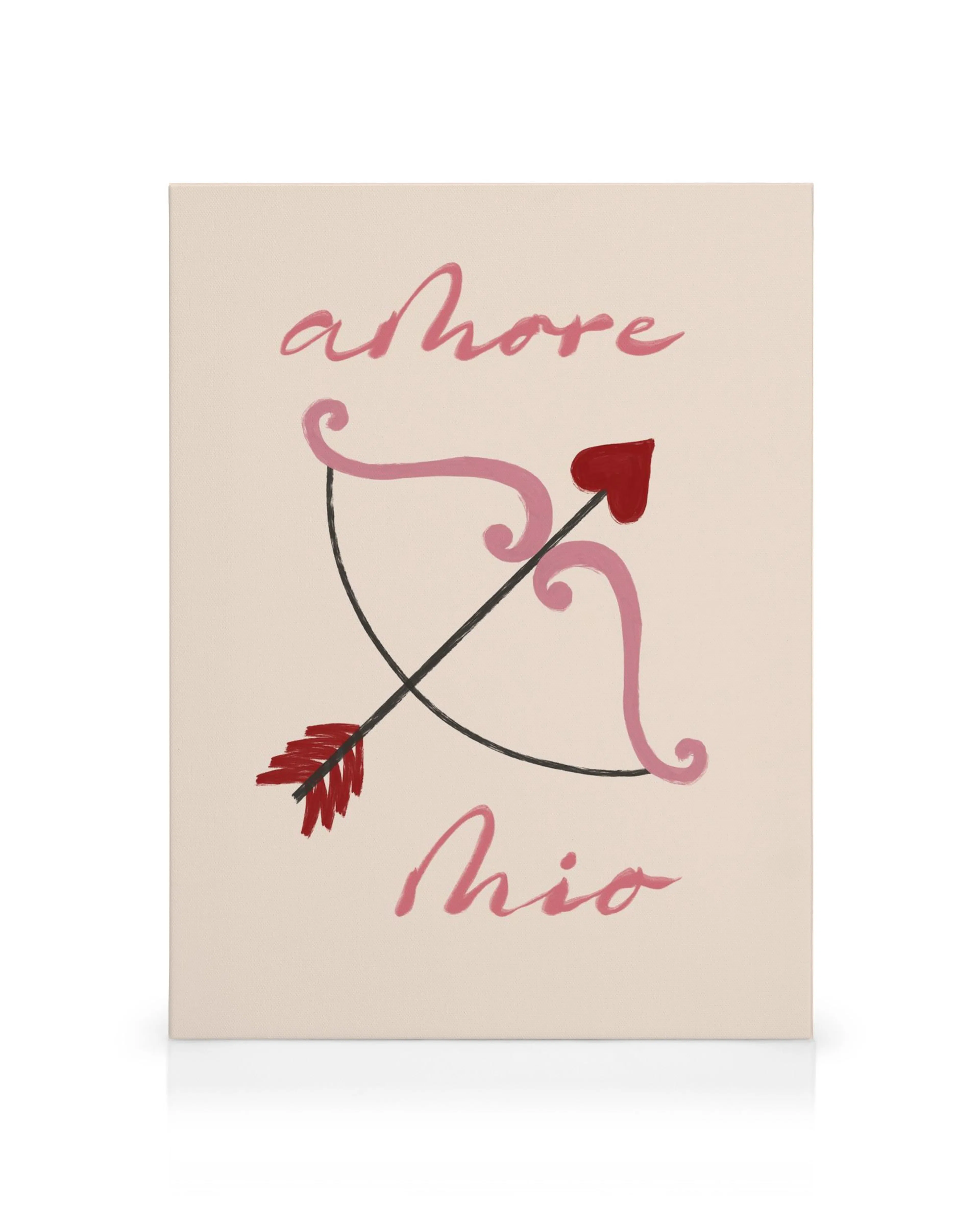 Amore Mio canvas print with a pink bow, red arrow, and red Amore Mio text on a light pink background.
