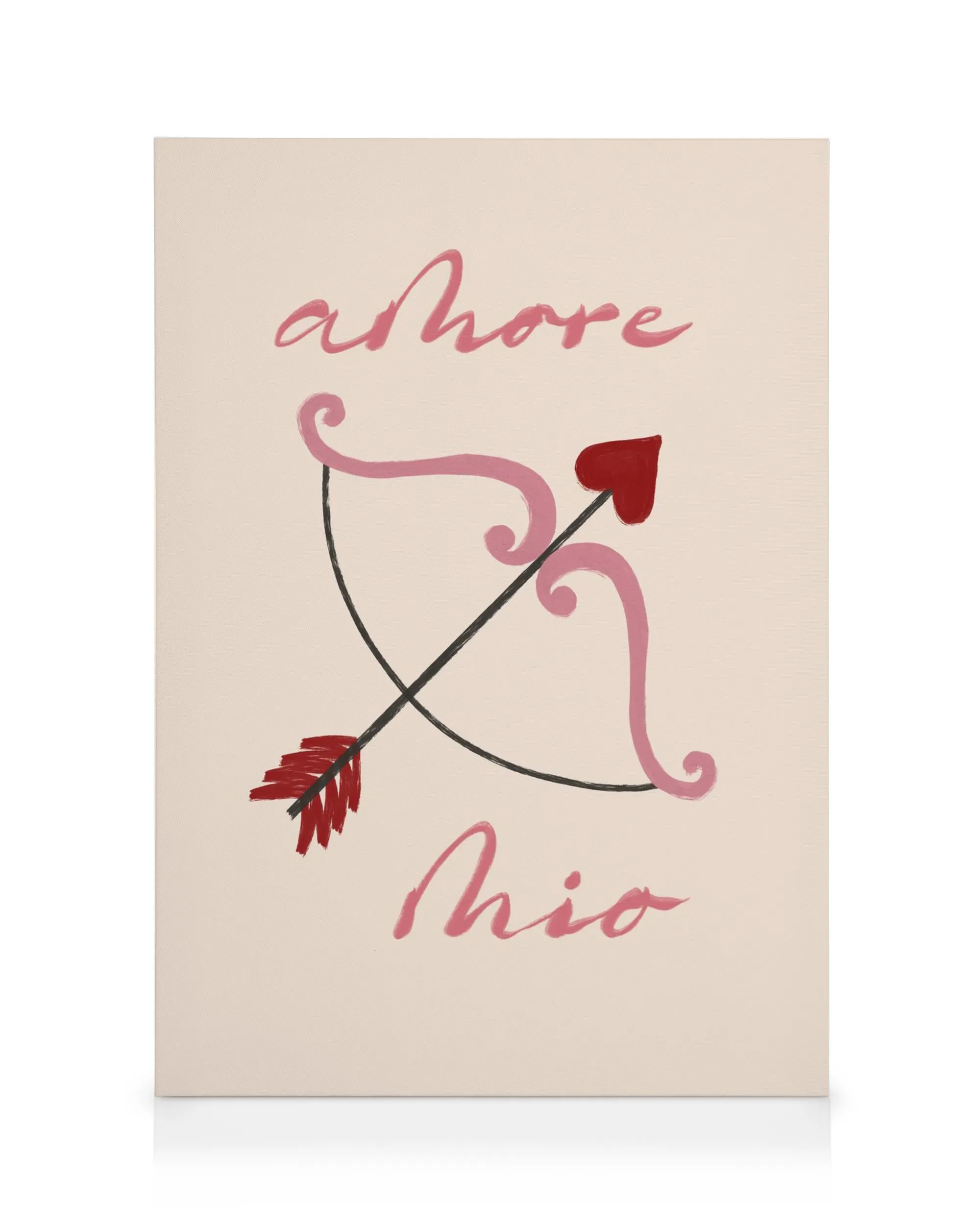 Amore Mio canvas with a pink bow and arrow, red heart tip, and amore mio text in pink brushstrokes on a light background.