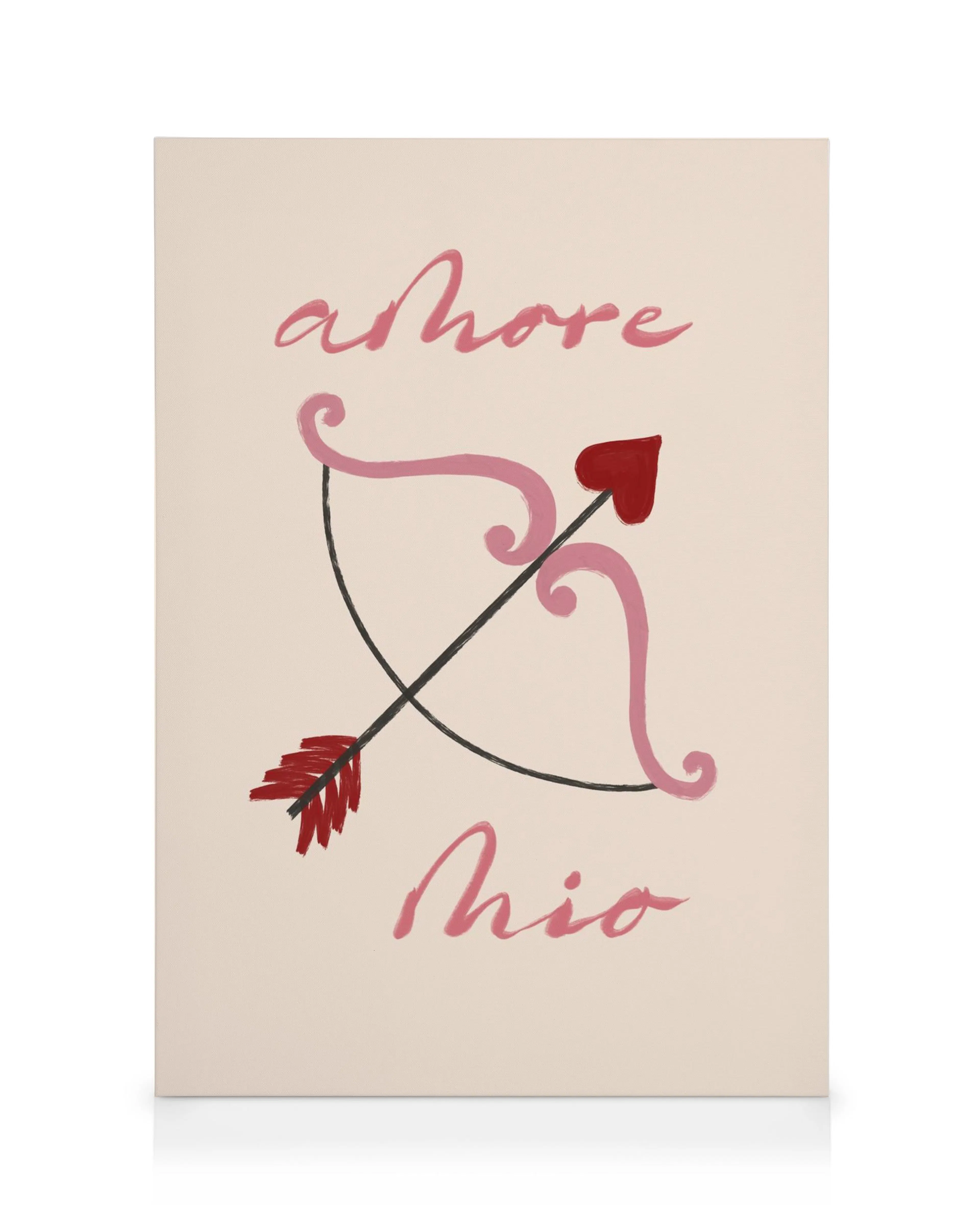 Amore Mio canvas with a pink bow and arrow, red heart tip, and amore mio text in pink brushstrokes on a light background.