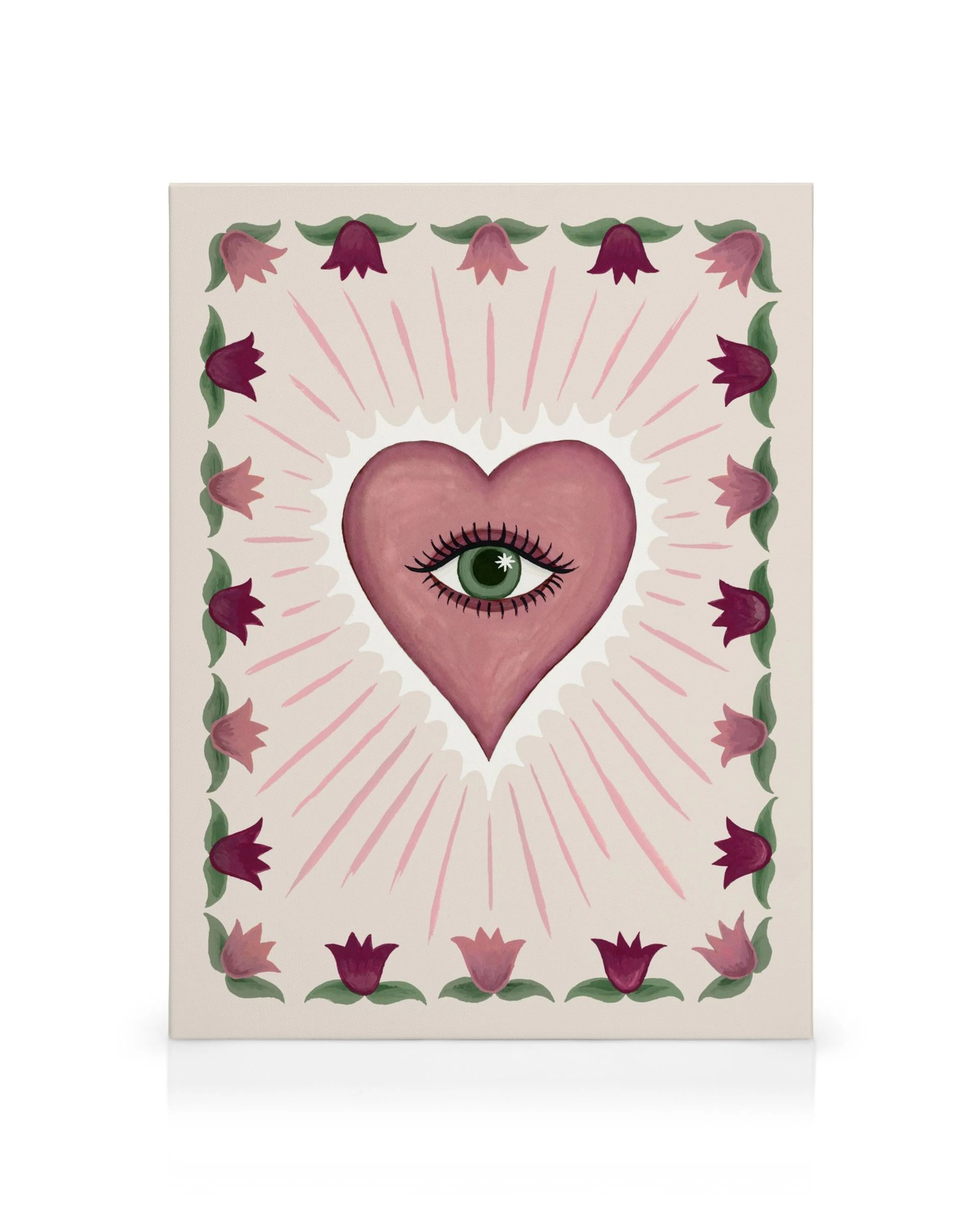 Toile avec cœur rose, œil vert, cils longs, et bordure florale rose et violette. Typographie unique.