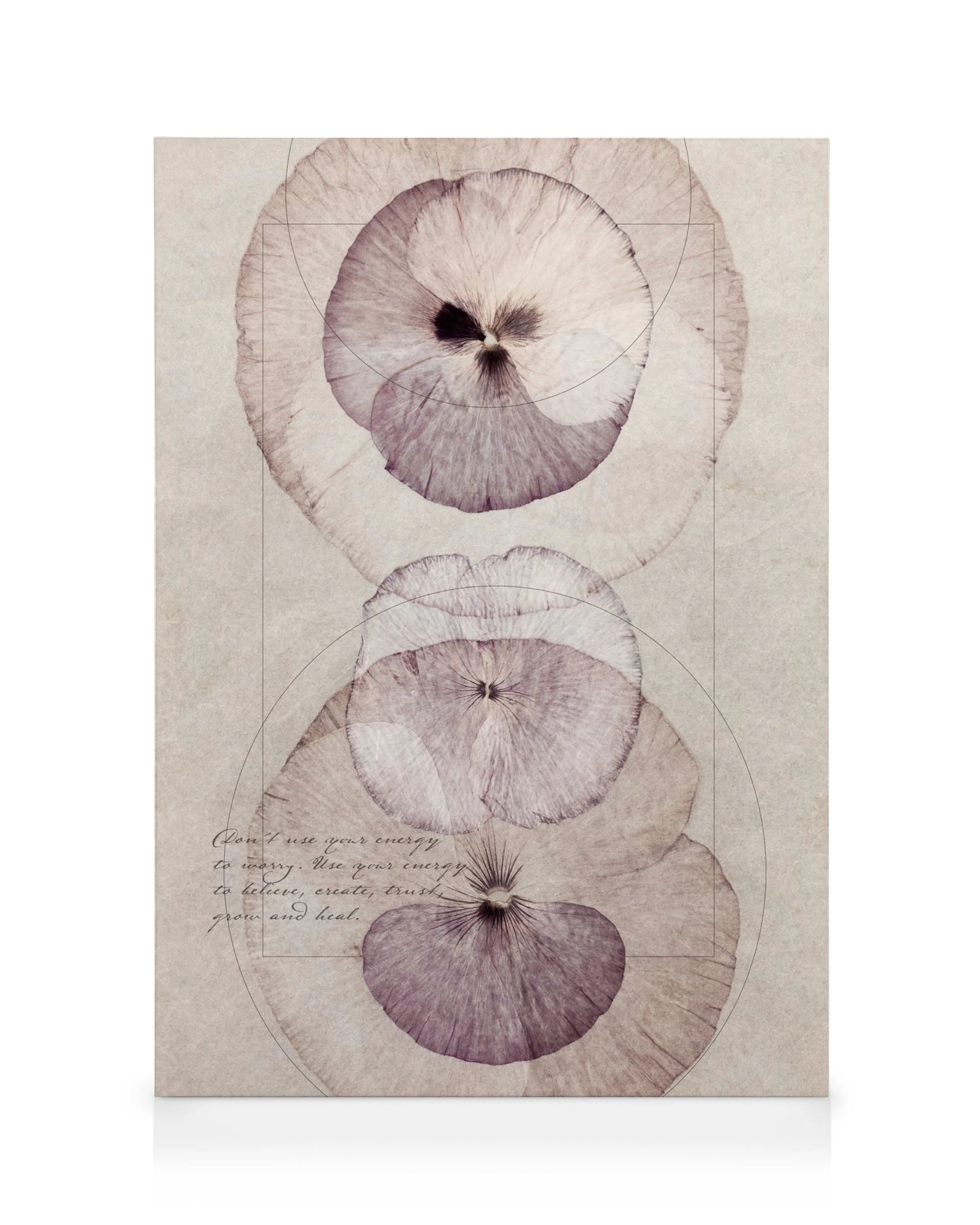 Καμβάς Flower Energy με βιολετί άνθη πανσέ, γεωμετρικά σχήματα και εμπνευσμένο κείμενο.