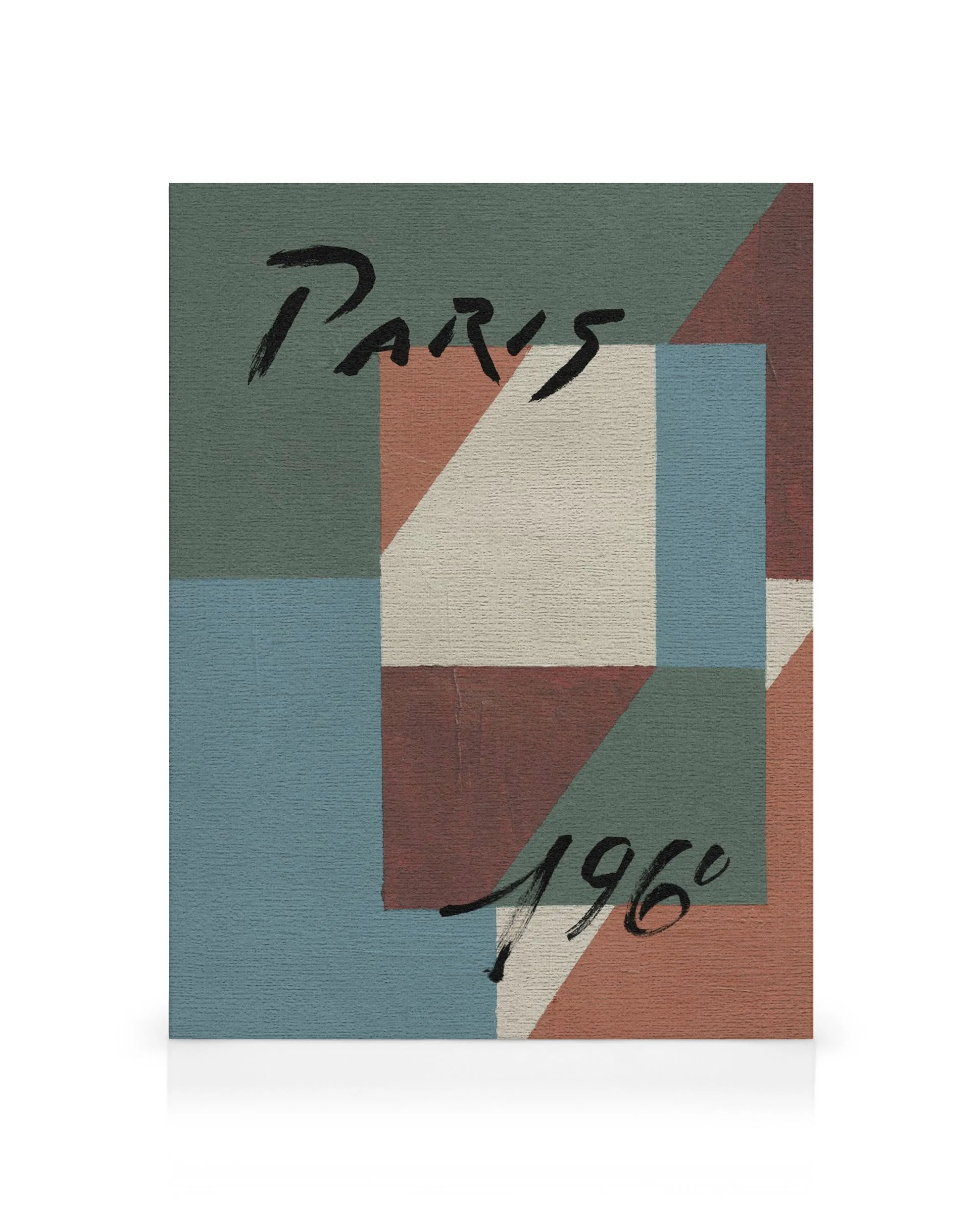 Tela decorativa com formas geométricas em verde, azul, marrom e bege, e as palavras Paris 1966