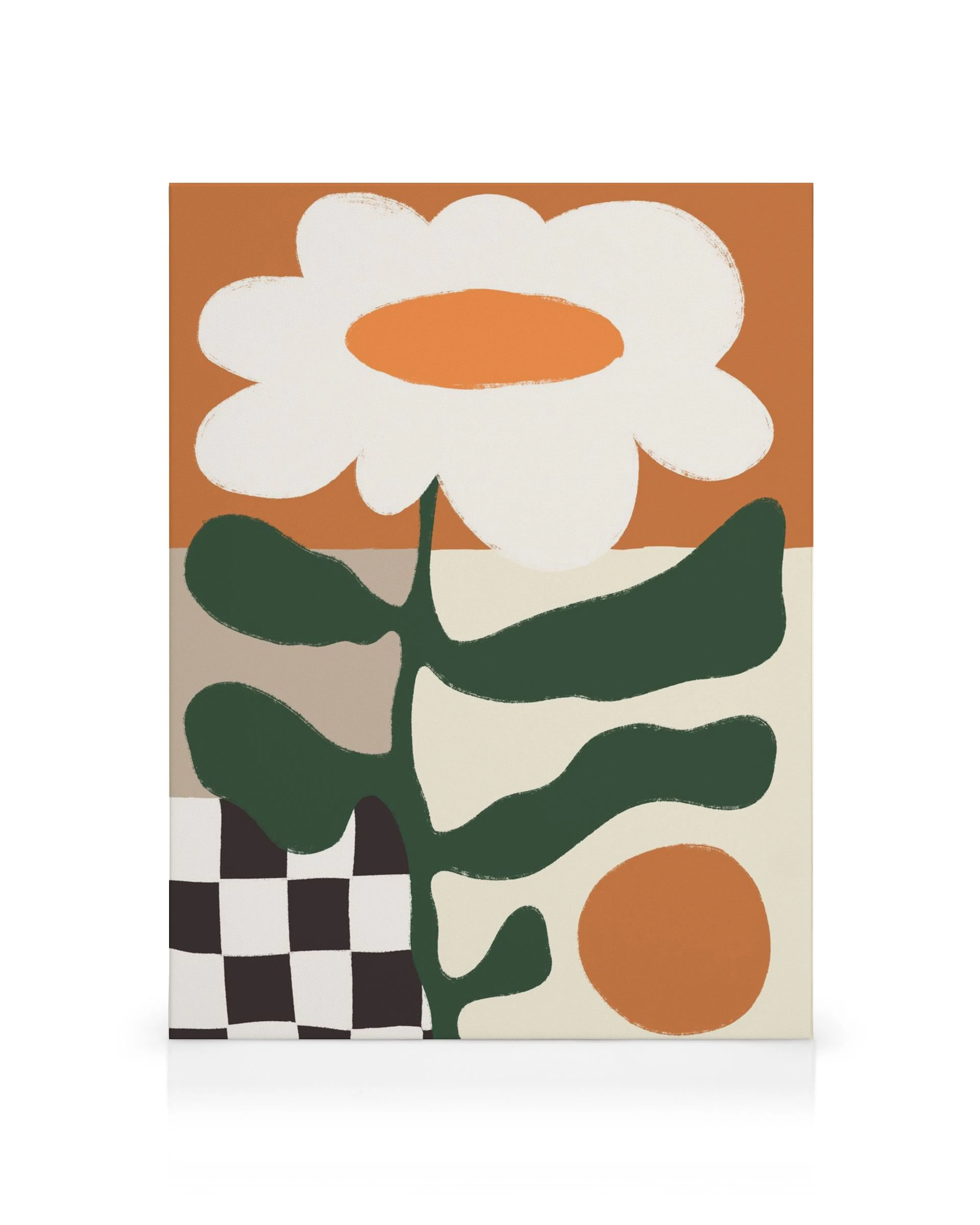 Lærred med retro blomst i hvid, orange, grøn og skakternet mønster. Abstrakt blomsterkunst.