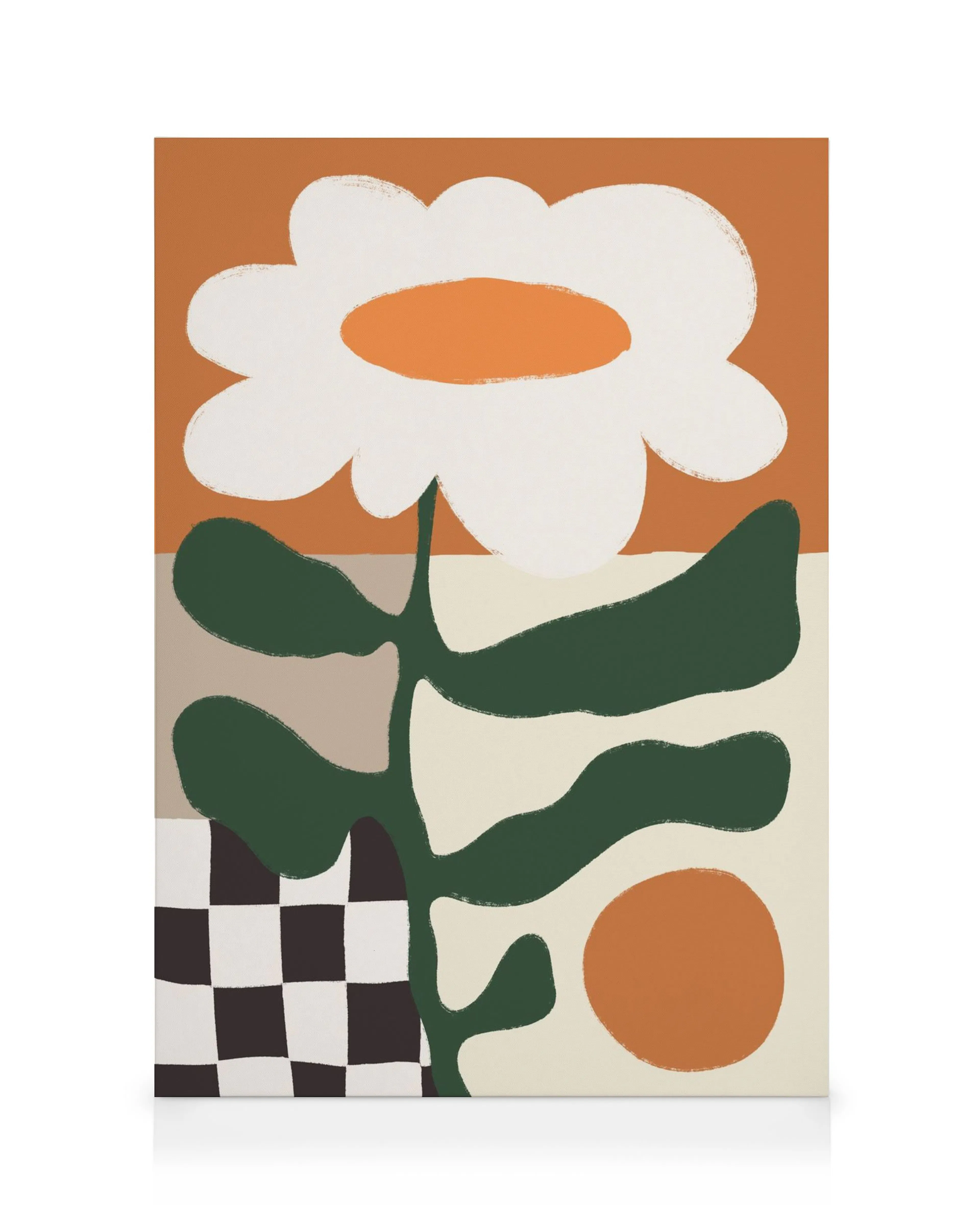 Toile minimaliste dune fleur blanche à centre orange et tige verte, sur fond de blocs orange, crème et beige, avec motif à damie
