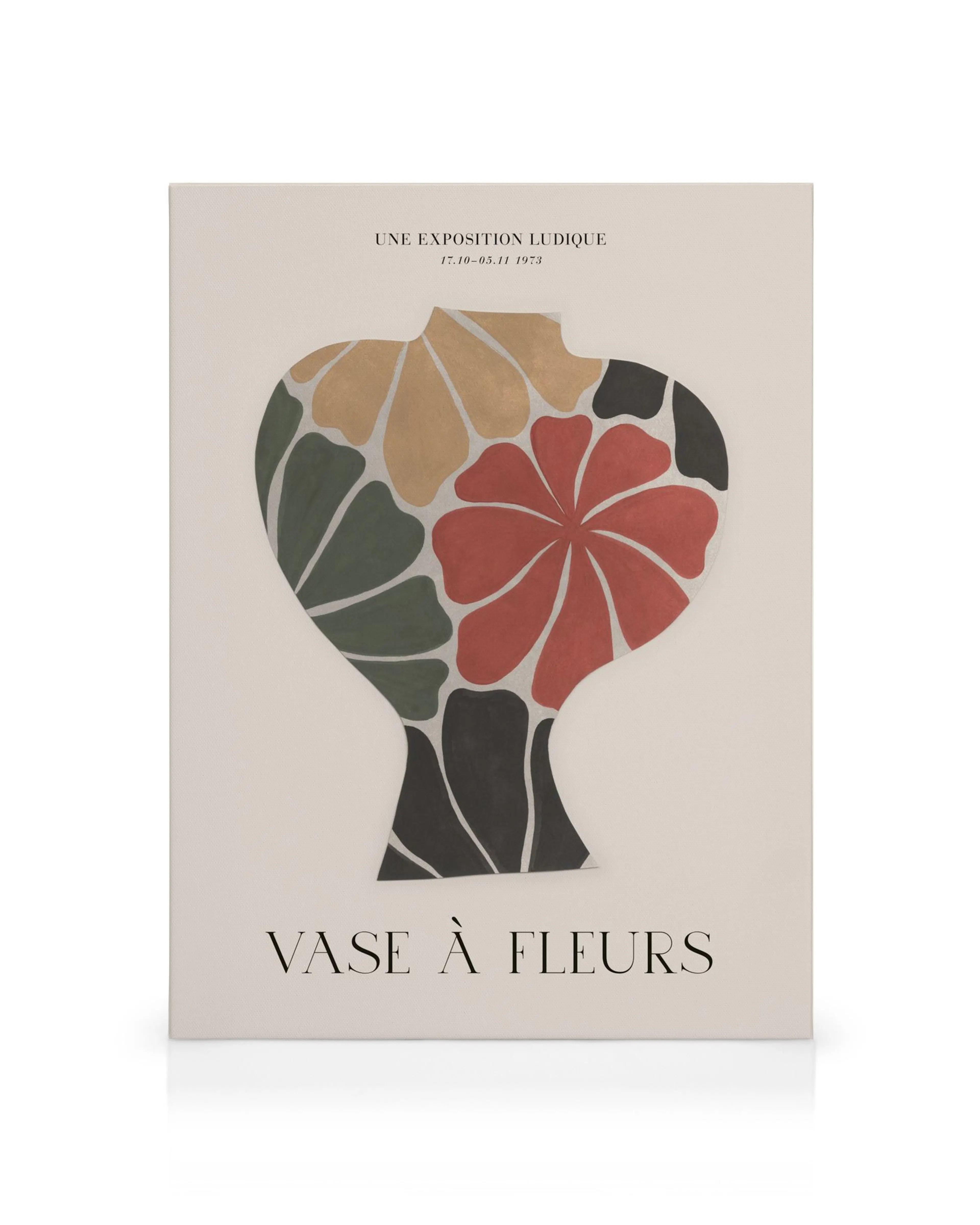 Lerret med kremfarget vase, fylt med fargerike blomster i grønt, rødt, gult og svart. Fransk tekst. Blomstervase lerret.