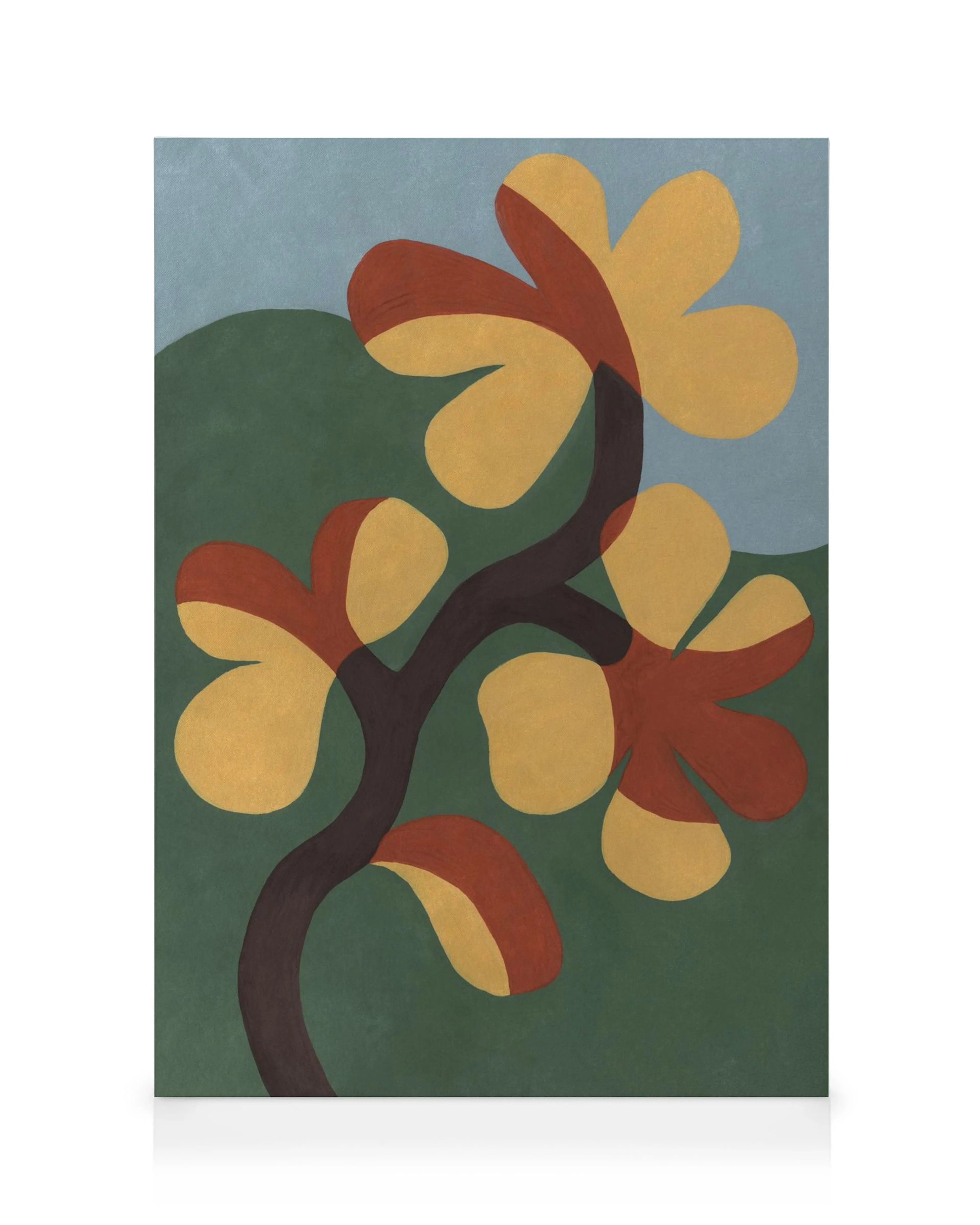 Stilisiertes Blumenmotiv auf Leinwand, mit dunkelbraunem Stiel und gold-rostroten Blütenblättern auf grünem und blauem Hintergru