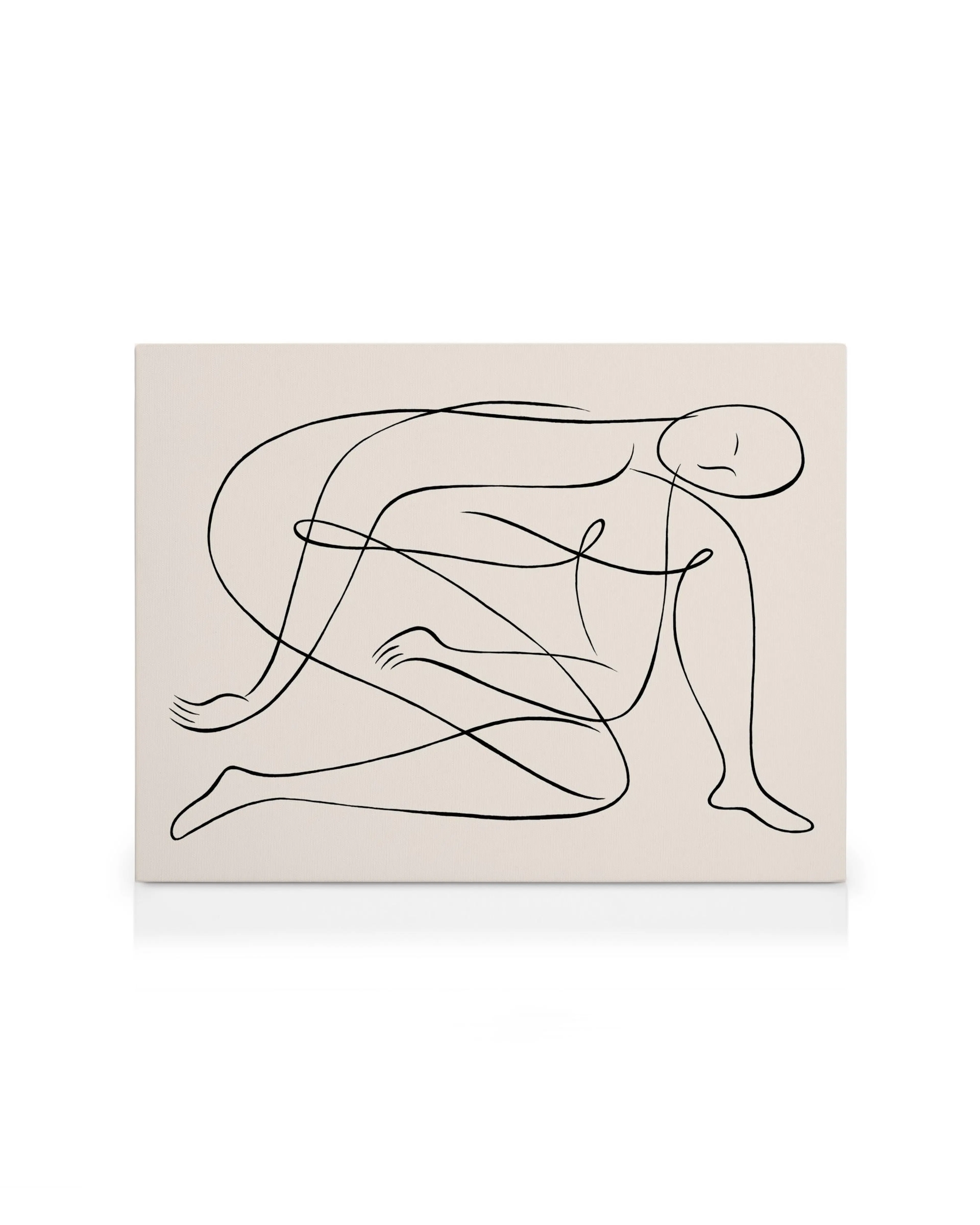 Black line art canvas print of a figure in a relaxed pose with flowing, abstract lines on a light background.