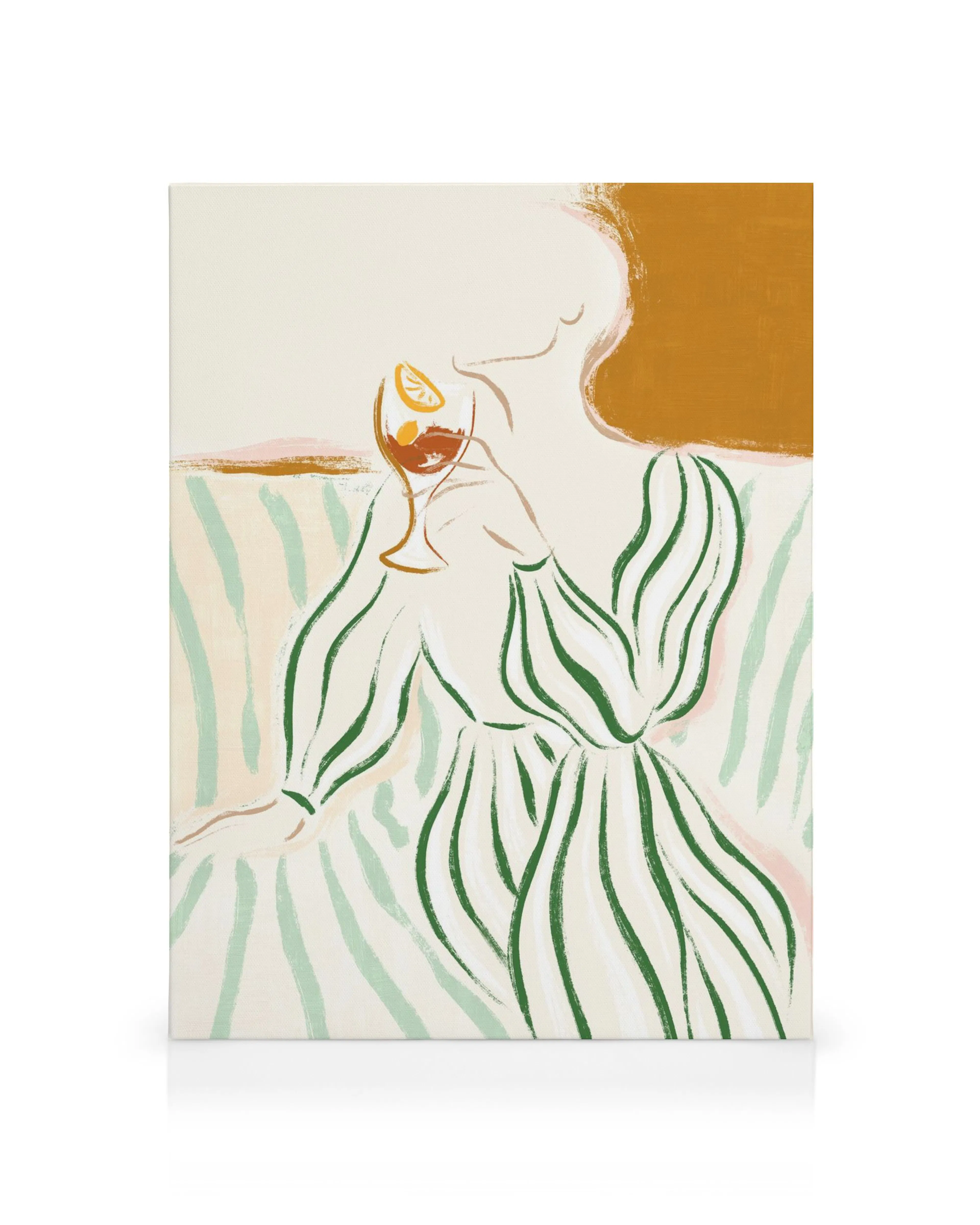 Abstract canvas print of a person in a green striped dress, outlined in orange on a cream background.