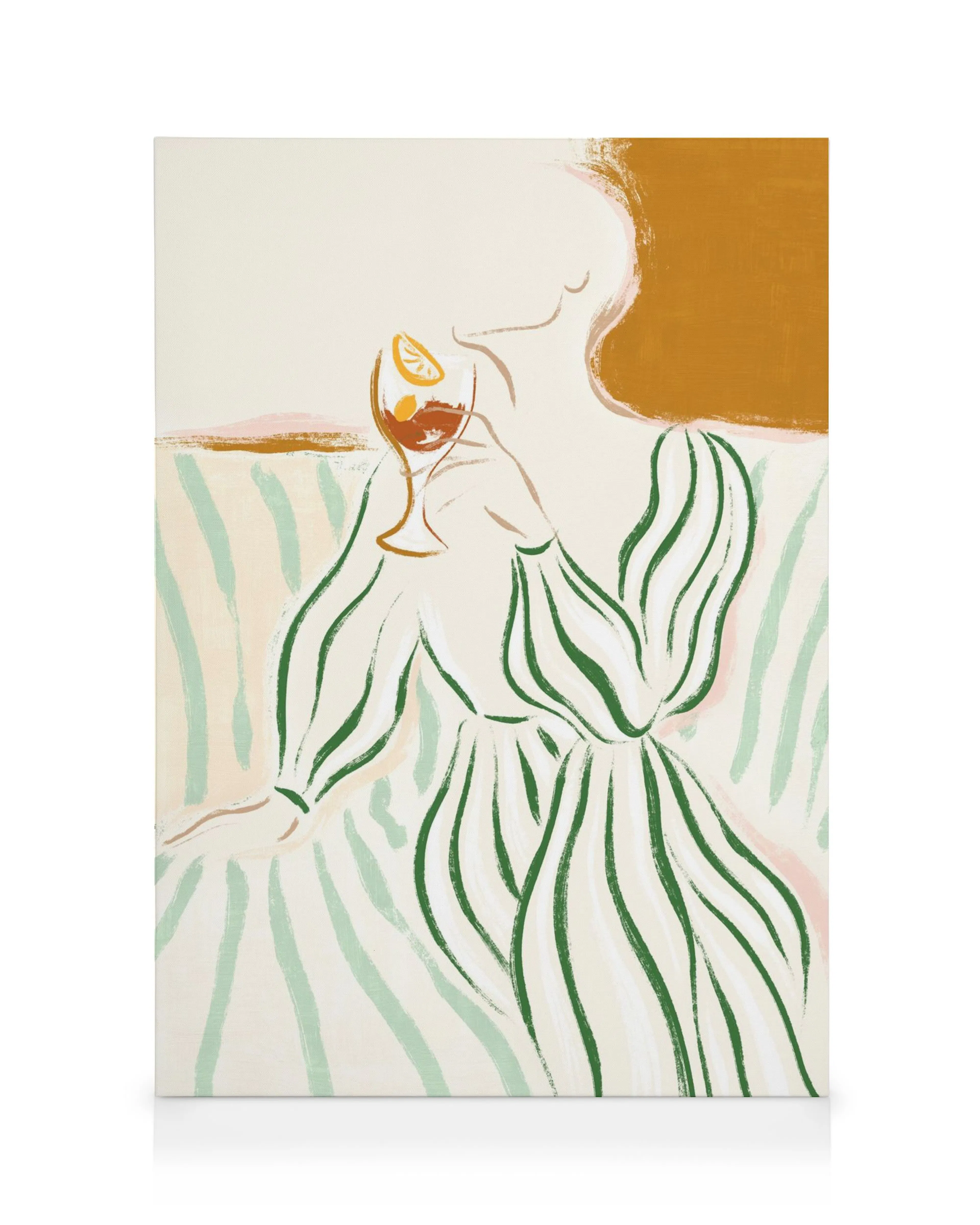 Illustriertes Leinwandbild einer Frau in gestreiftem Kleid mit Cocktailglas, künstlerisch gemalt.