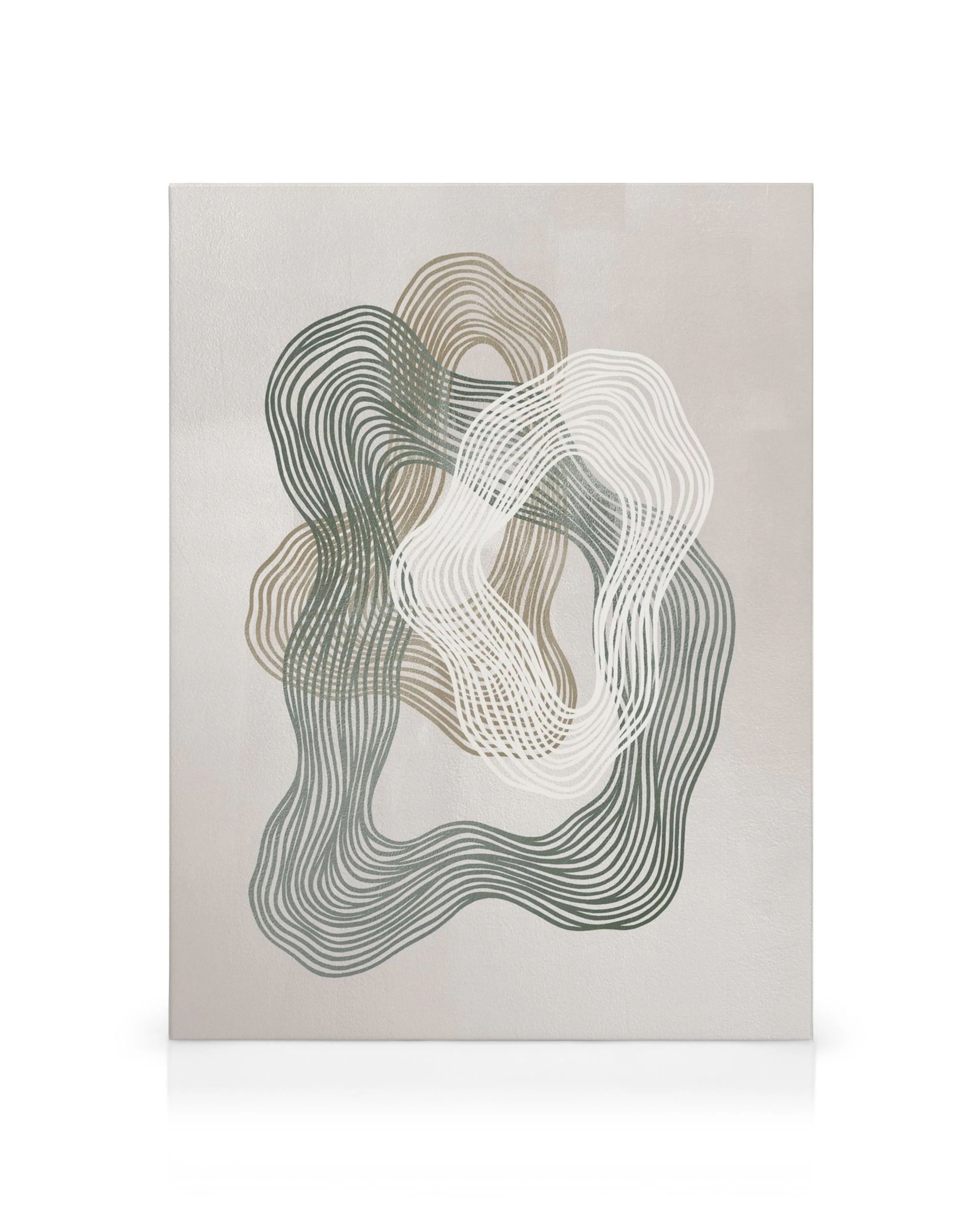 Abstract canvas print with wavy green, brown, and white lines on a textured background, modern wall art.