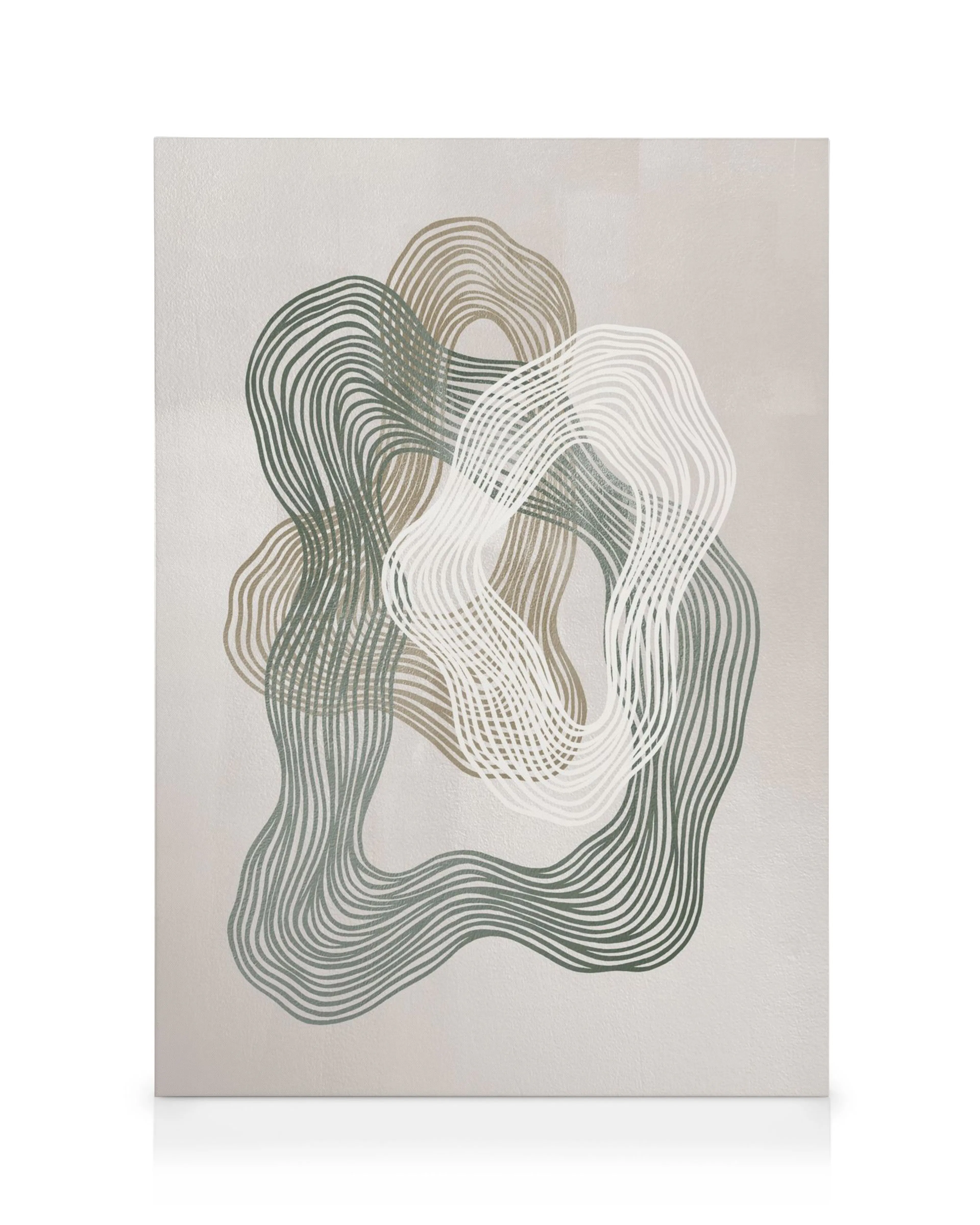 Lienzo abstracto con líneas onduladas finas en tonos verde, marrón y blanco sobre fondo claro, arte moderno para pared.