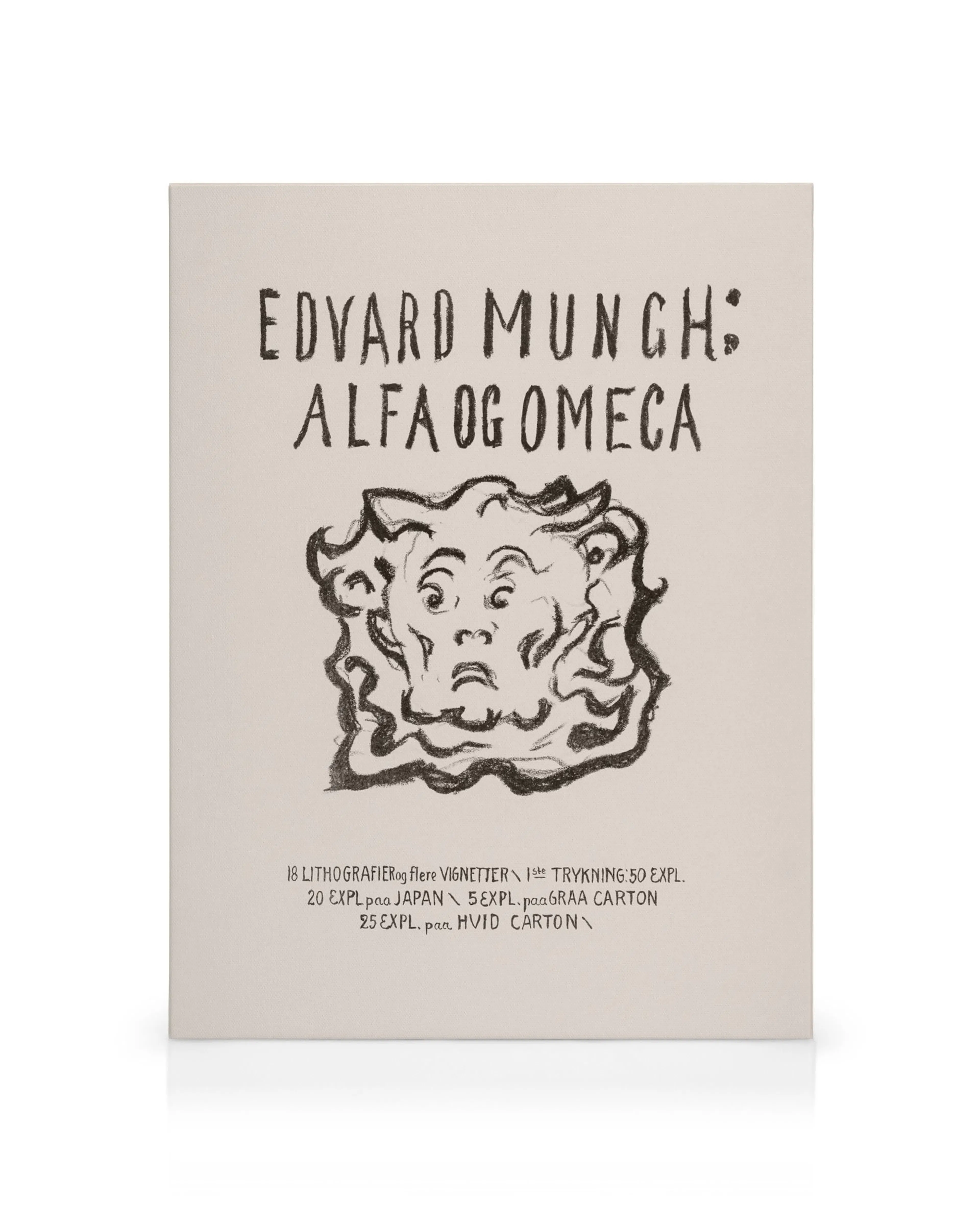 Lienzo Edvard Munch, Alfa y Omega, con rostro de ojos y boca abiertos sobre fondo beige, líneas onduladas.