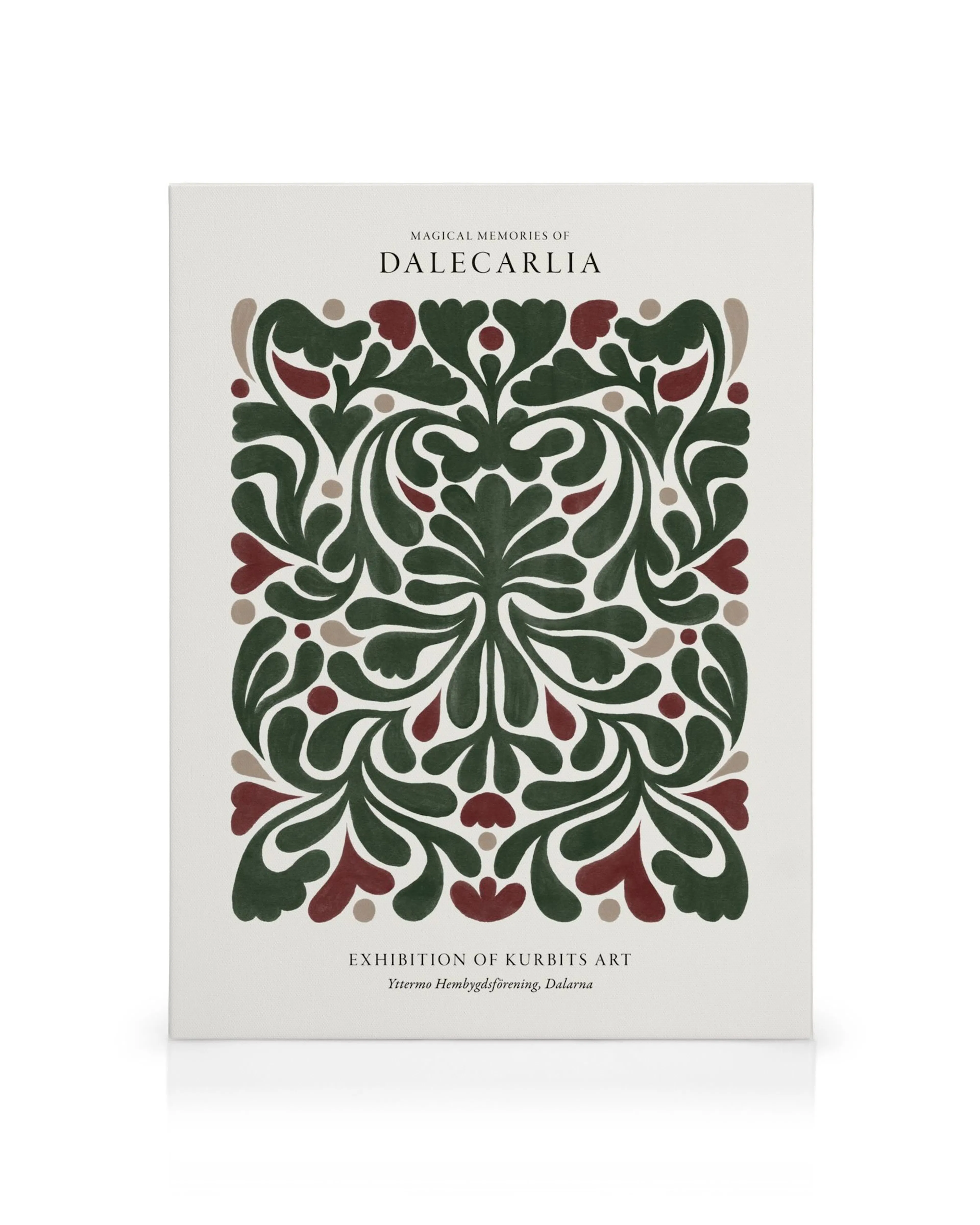Dalecarlia Canvas met rode en groene Kurbits bloemen op witte achtergrond, symmetrisch patroon.