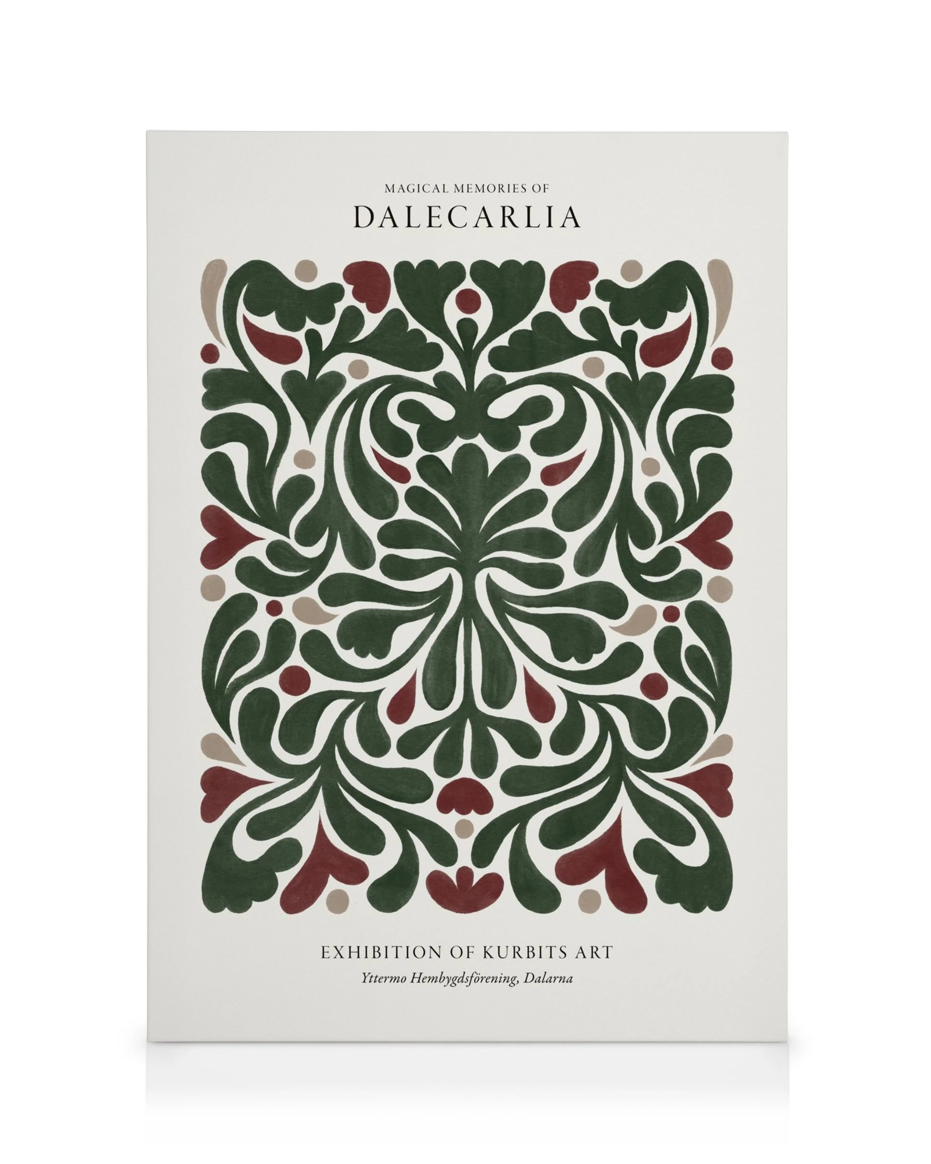 Lienzo Dalecarlia con patrón floral Kurbits rojo y verde sobre fondo blanco, texto Magical Memories Of Dalecarlia.