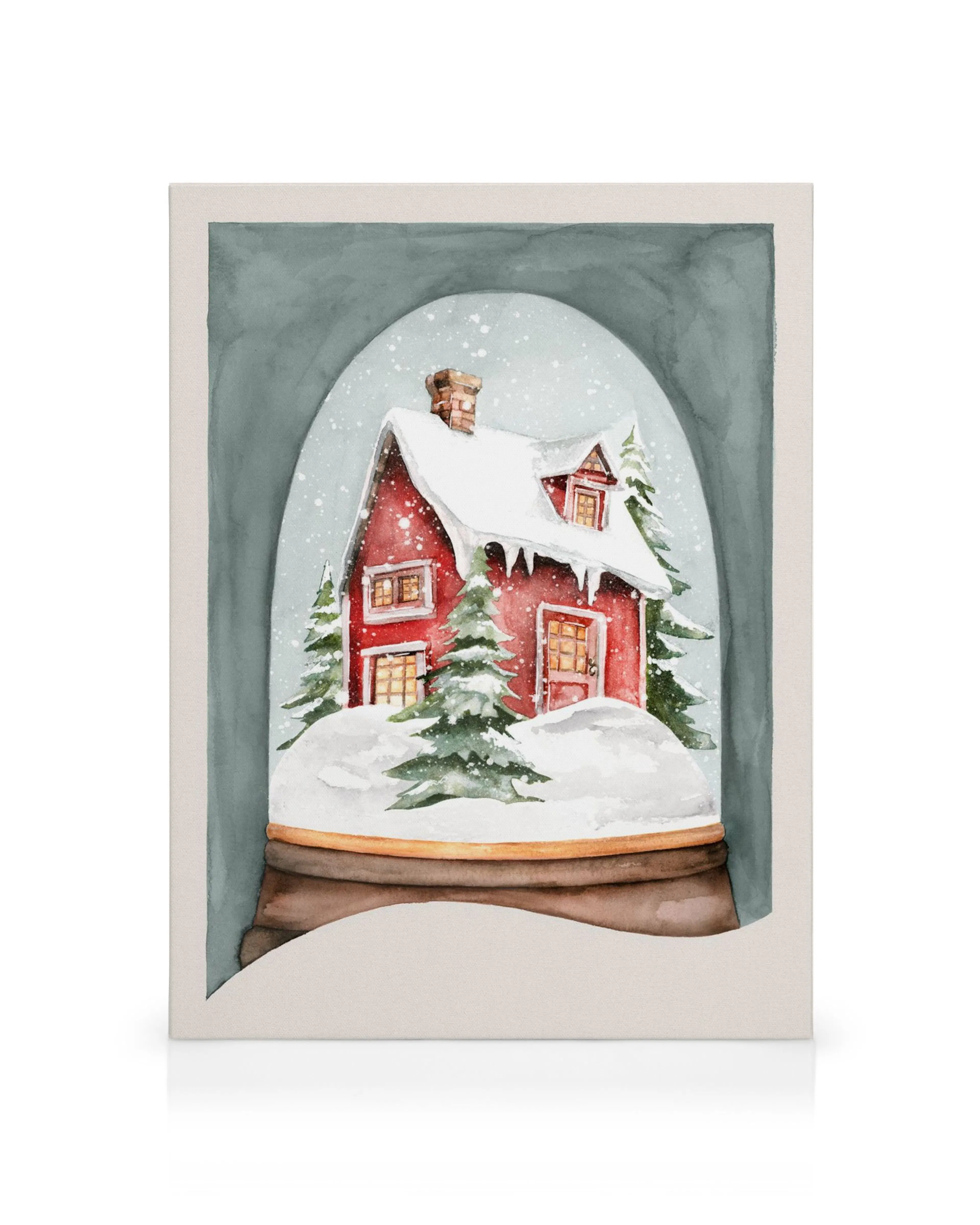 Affiche de maison rouge enneigée dans un globe de neige, arbres verts, fond gris. Toile décorative dhiver.