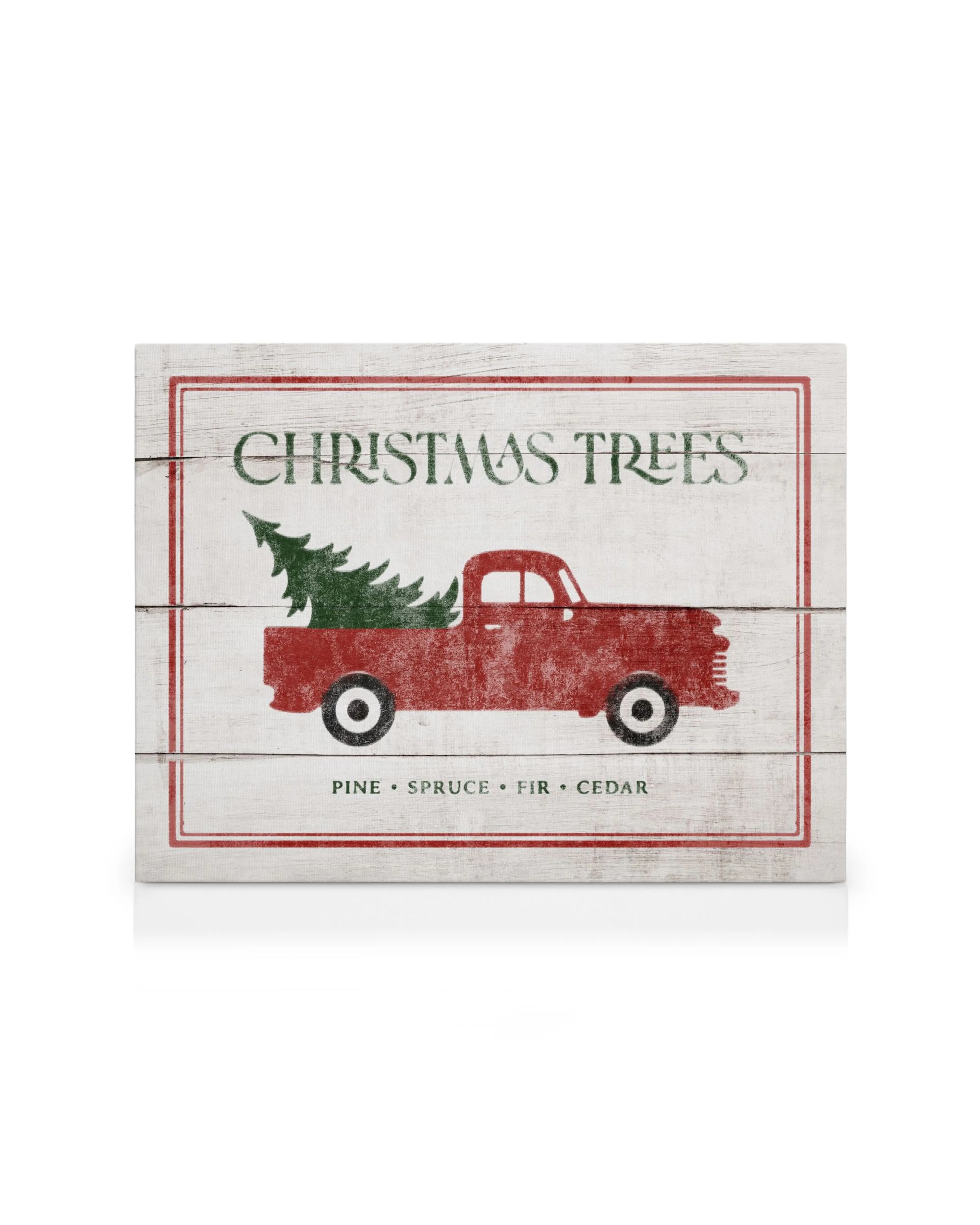 Tela vintage com camião vermelho a transportar pinheiro de Natal, sobre fundo de madeira branco com texto Christmas Trees.