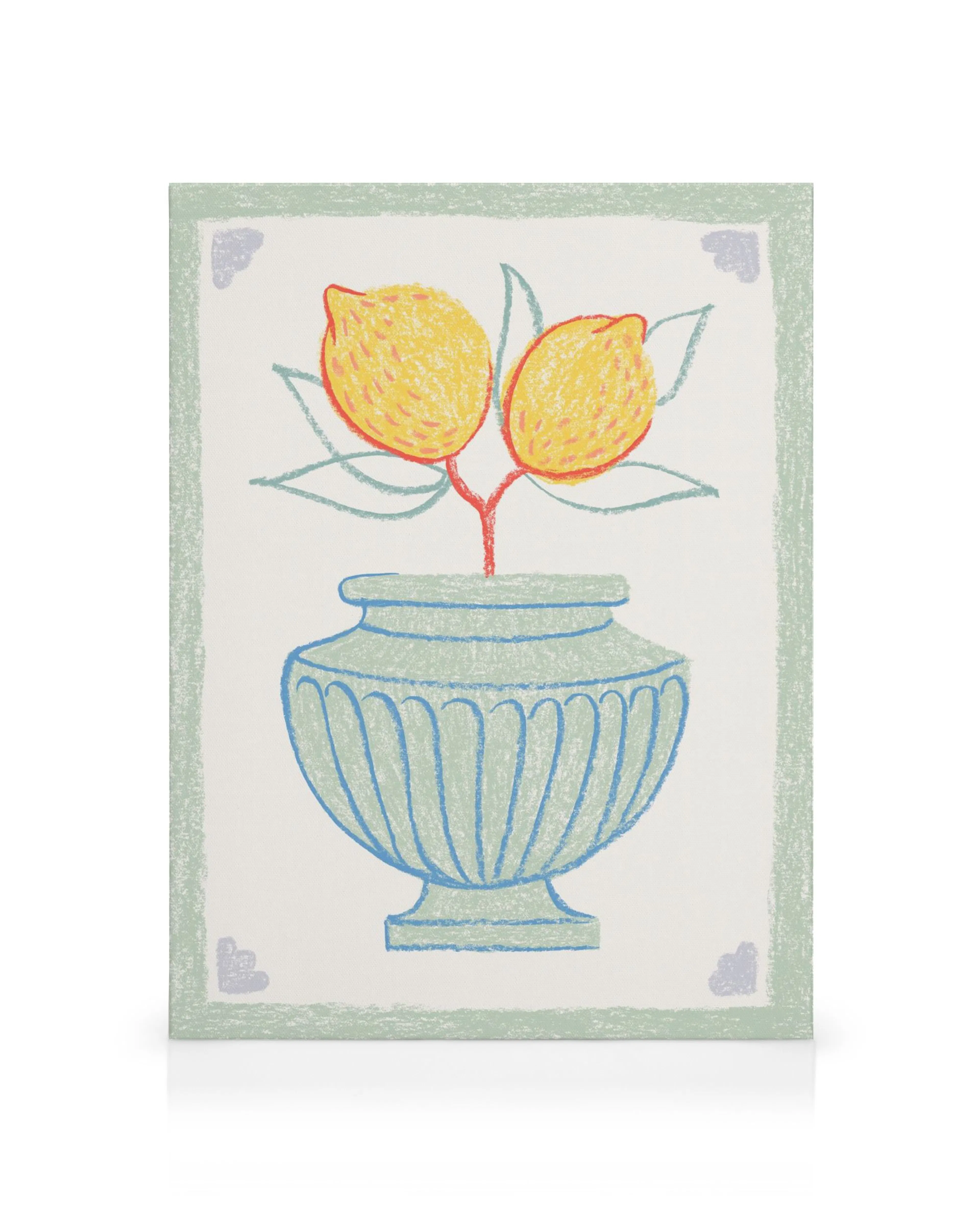 Stampa artistica su tela con vaso classico verde acqua e due limoni gialli in stile pastello.