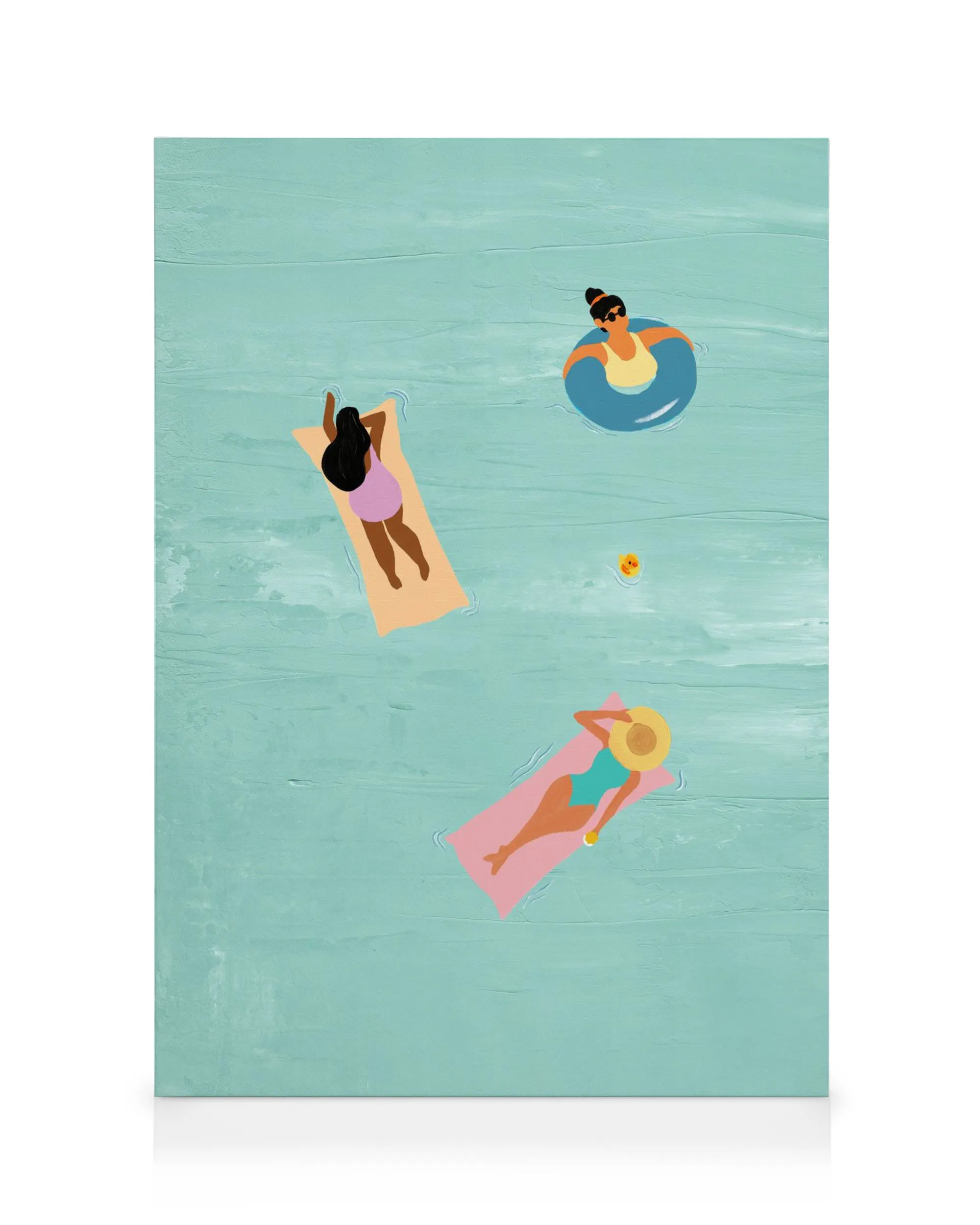 Leinwandbild: Frauen baden im Pool, von oben gesehen. Eine schwimmt im Reifen, zwei liegen auf Luftmatratzen. Sommer, Pool-Szene
