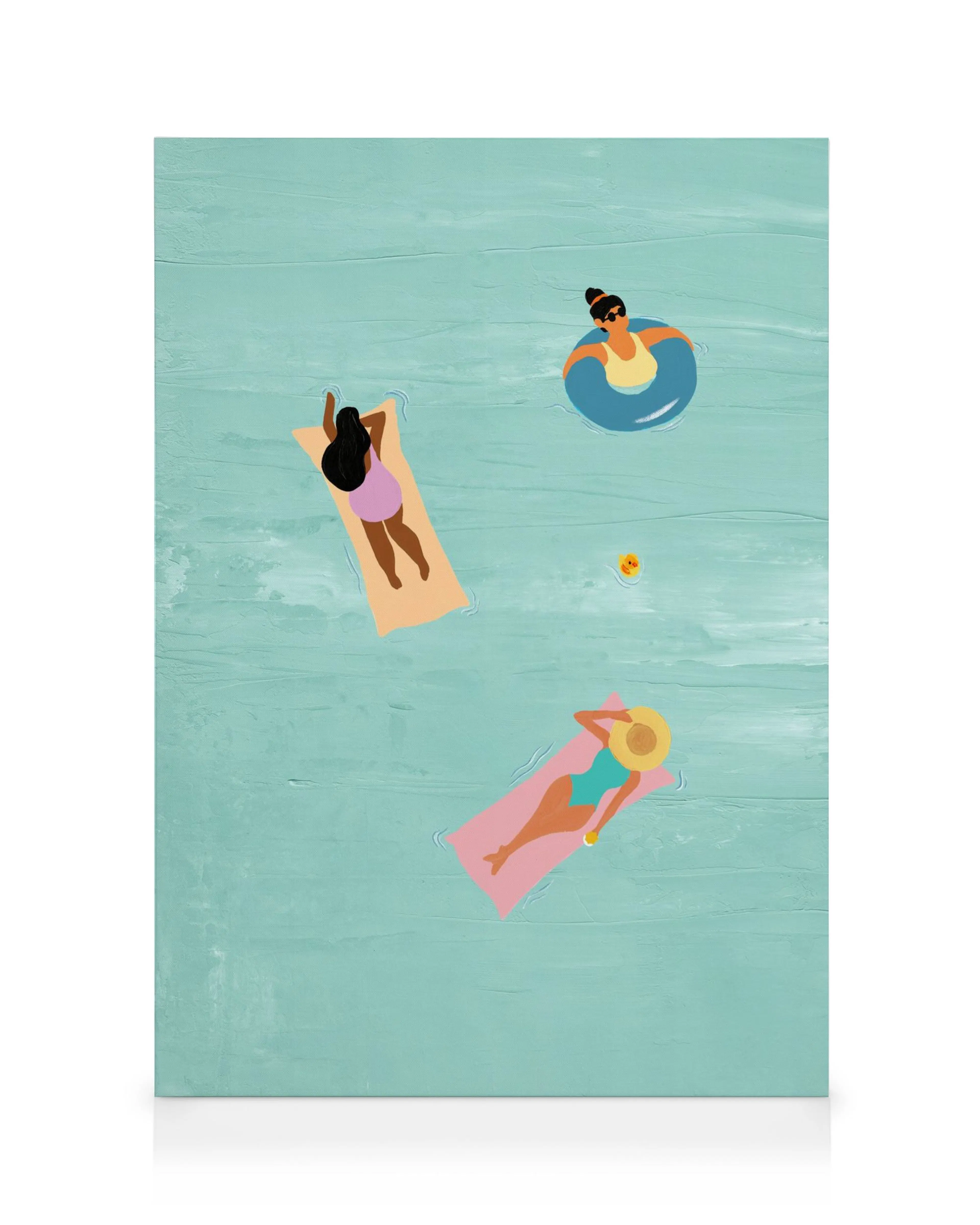 Leinwandbild: Frauen baden im Pool, von oben gesehen. Eine schwimmt im Reifen, zwei liegen auf Luftmatratzen. Sommer, Pool-Szene