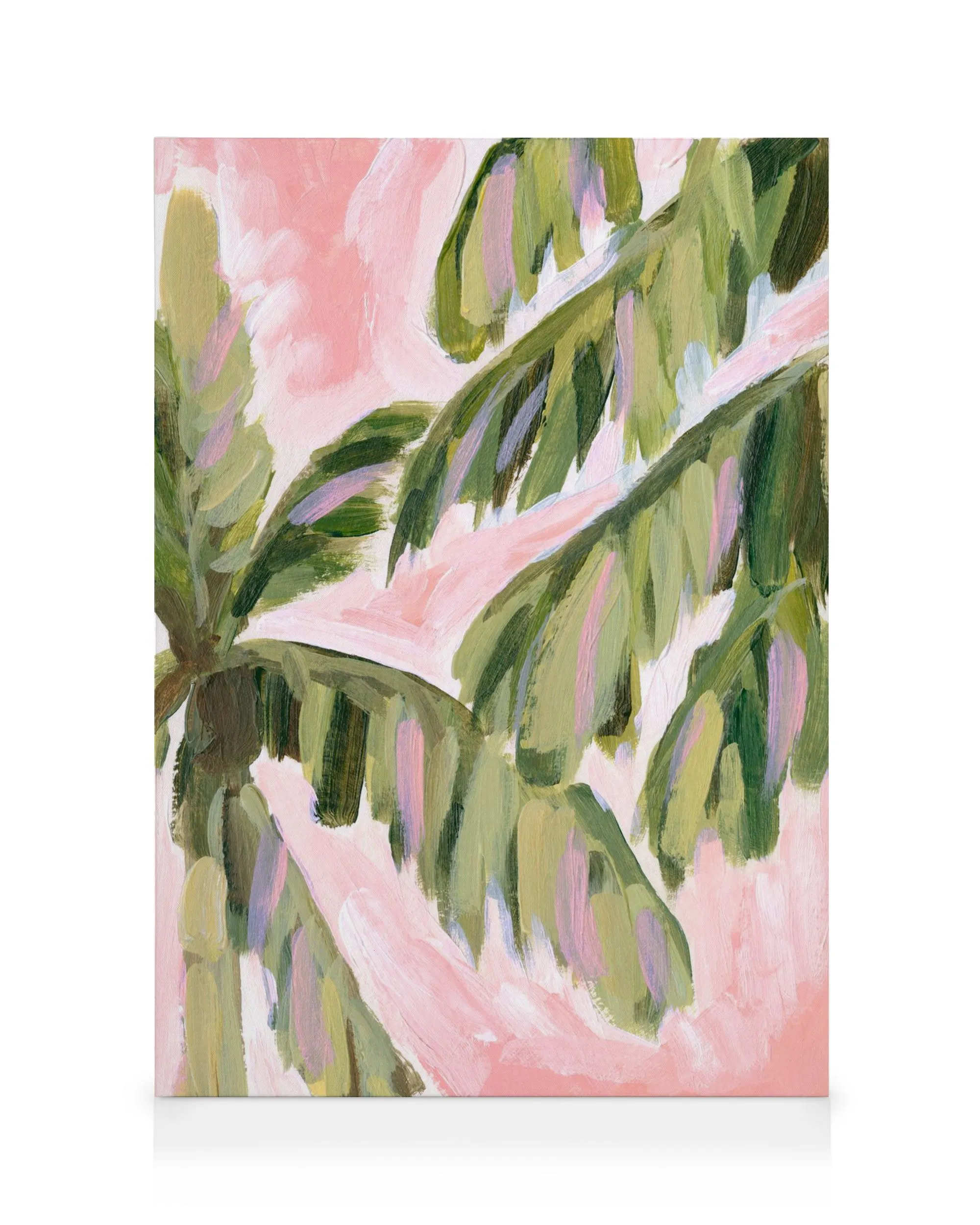 Acrylic painting of swaying palm leaves in shades of green and purple against a soft pink background, on canvas.
