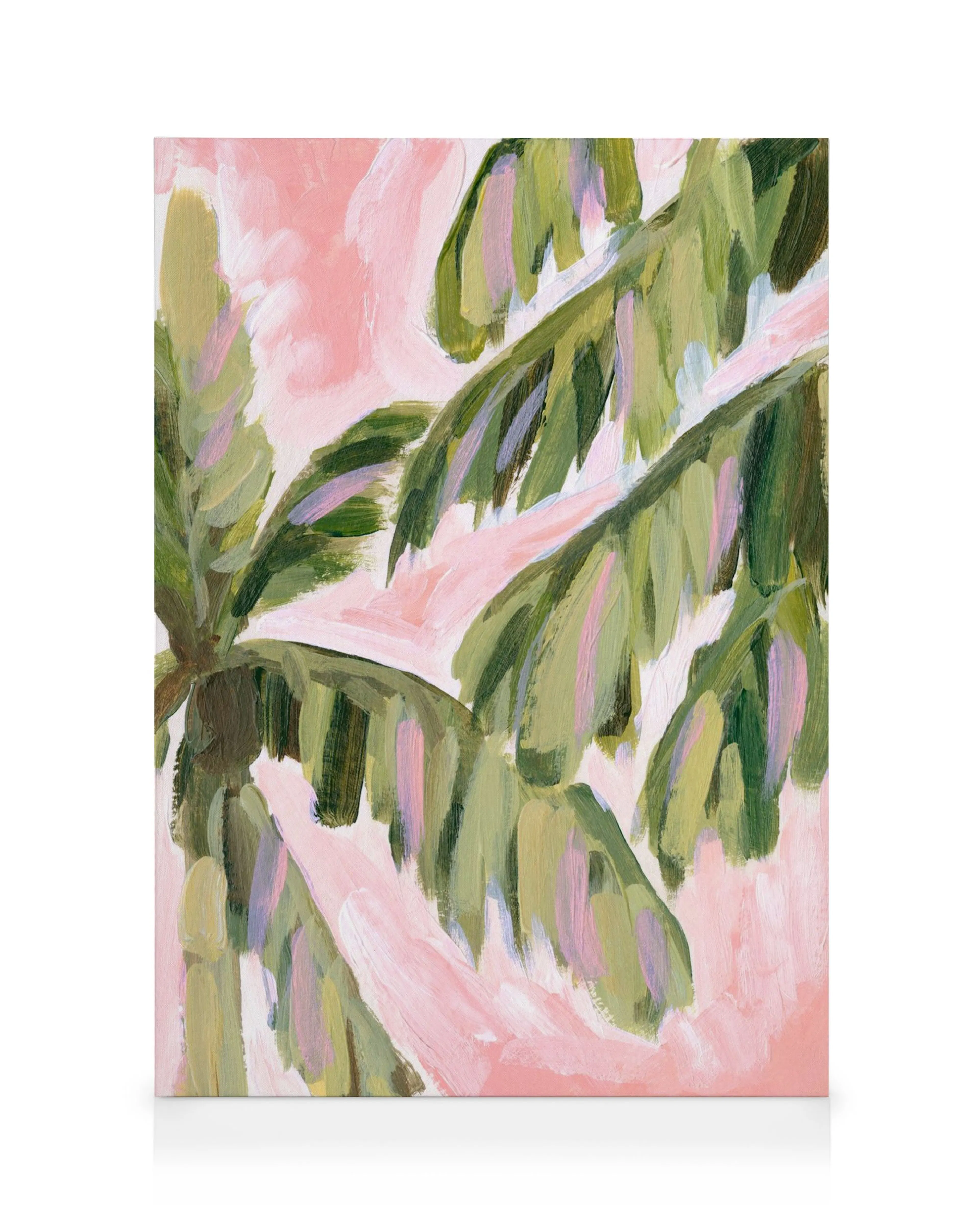 Acrylic painting of swaying palm leaves in shades of green and purple against a soft pink background, on canvas.