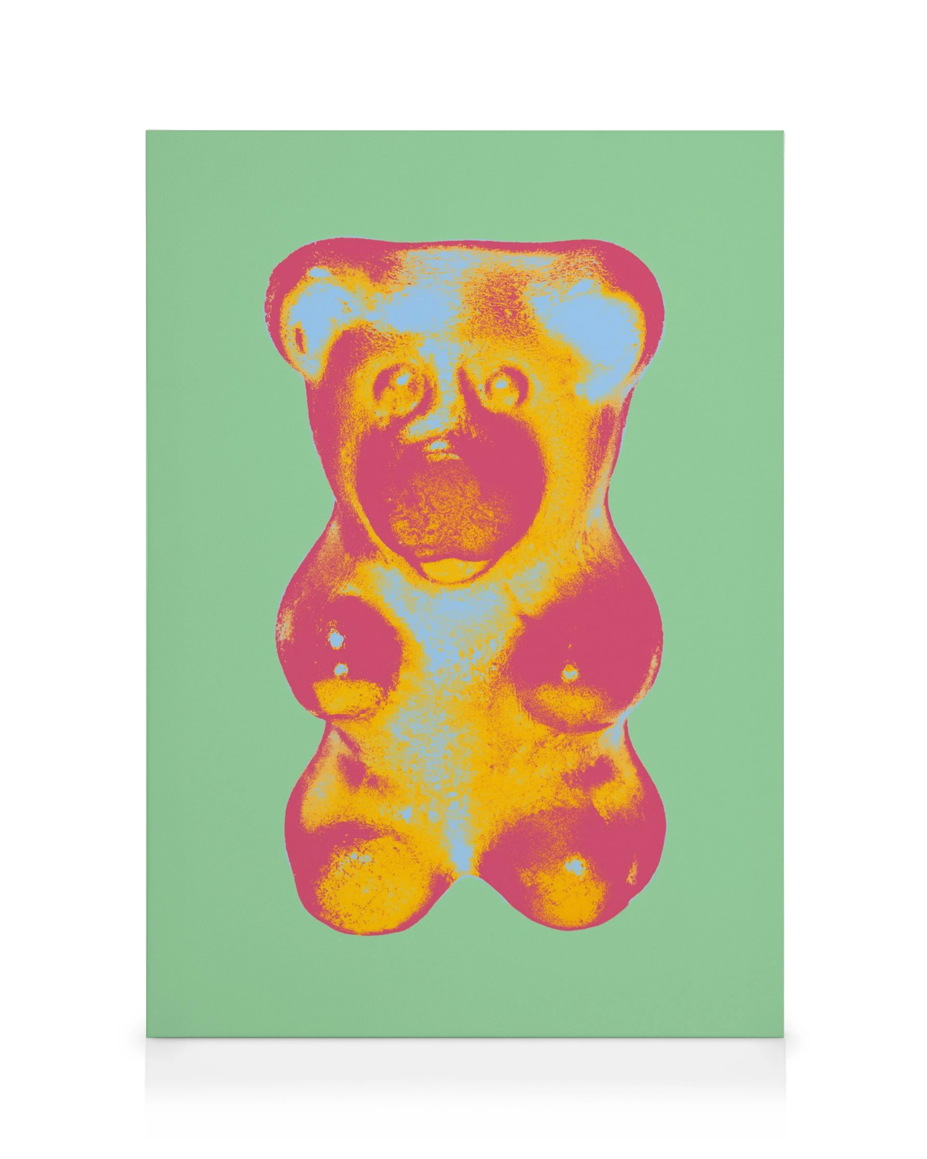 Pop Art Gummy Bear No1 canvas print, a colorful textured candy artwork in yellow, orange, pink, and light green
