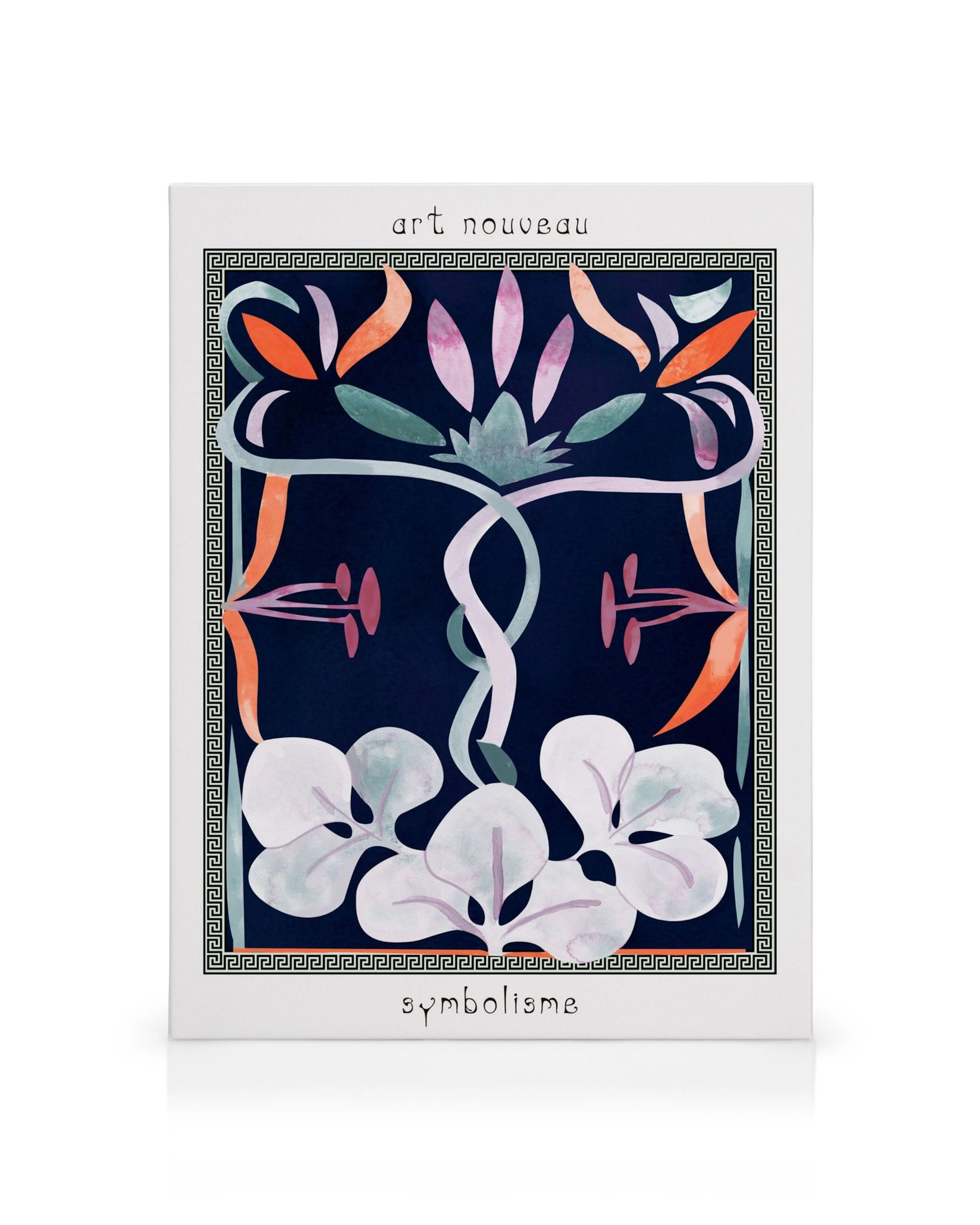 Symbolisme Art Nouveau canvas print, dark blue background with abstract floral design in orange, pink, and light green.