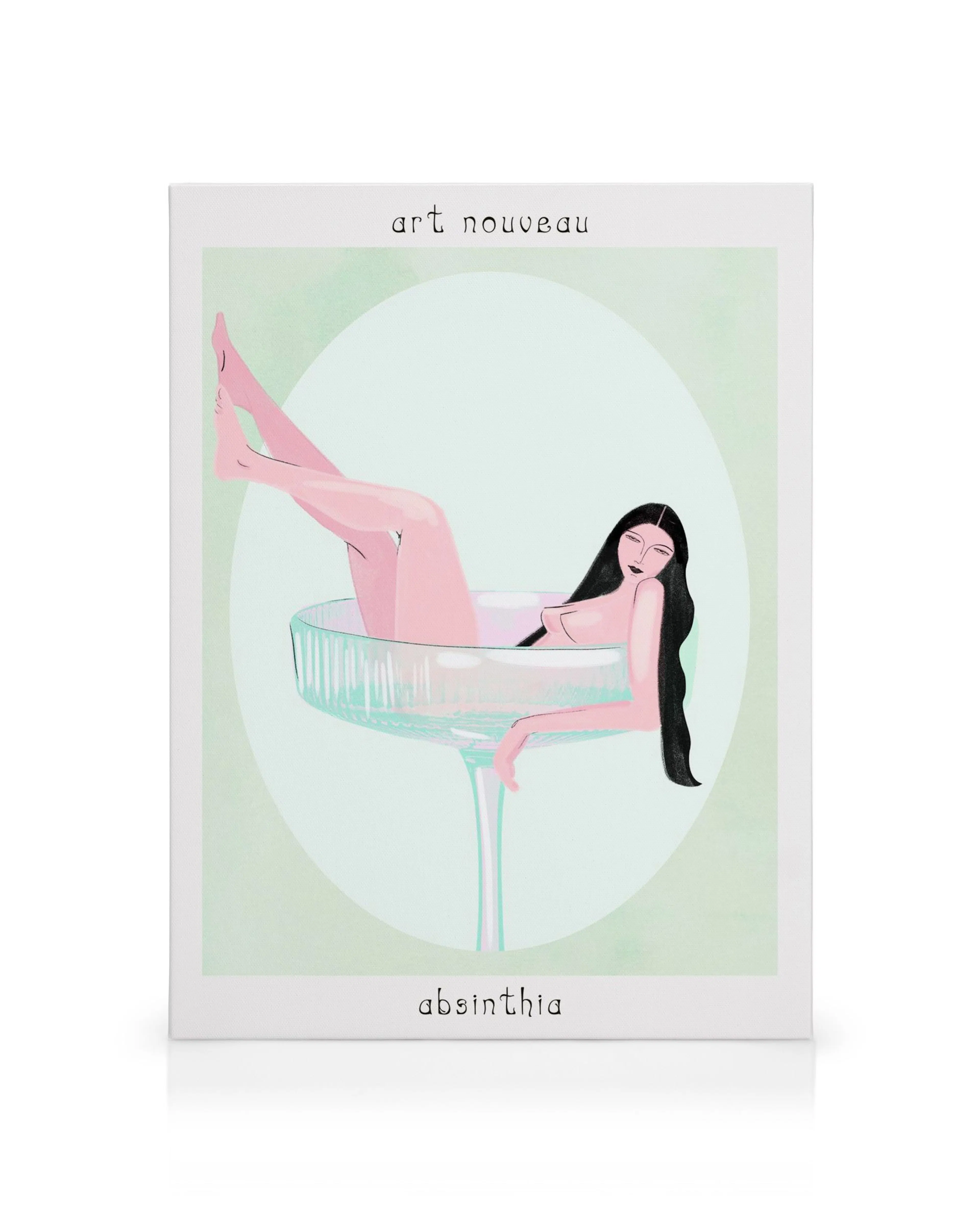 Absinthia Art Nouveau canvas print: Woman with black hair, pink skin, white dress in a glass, white background.