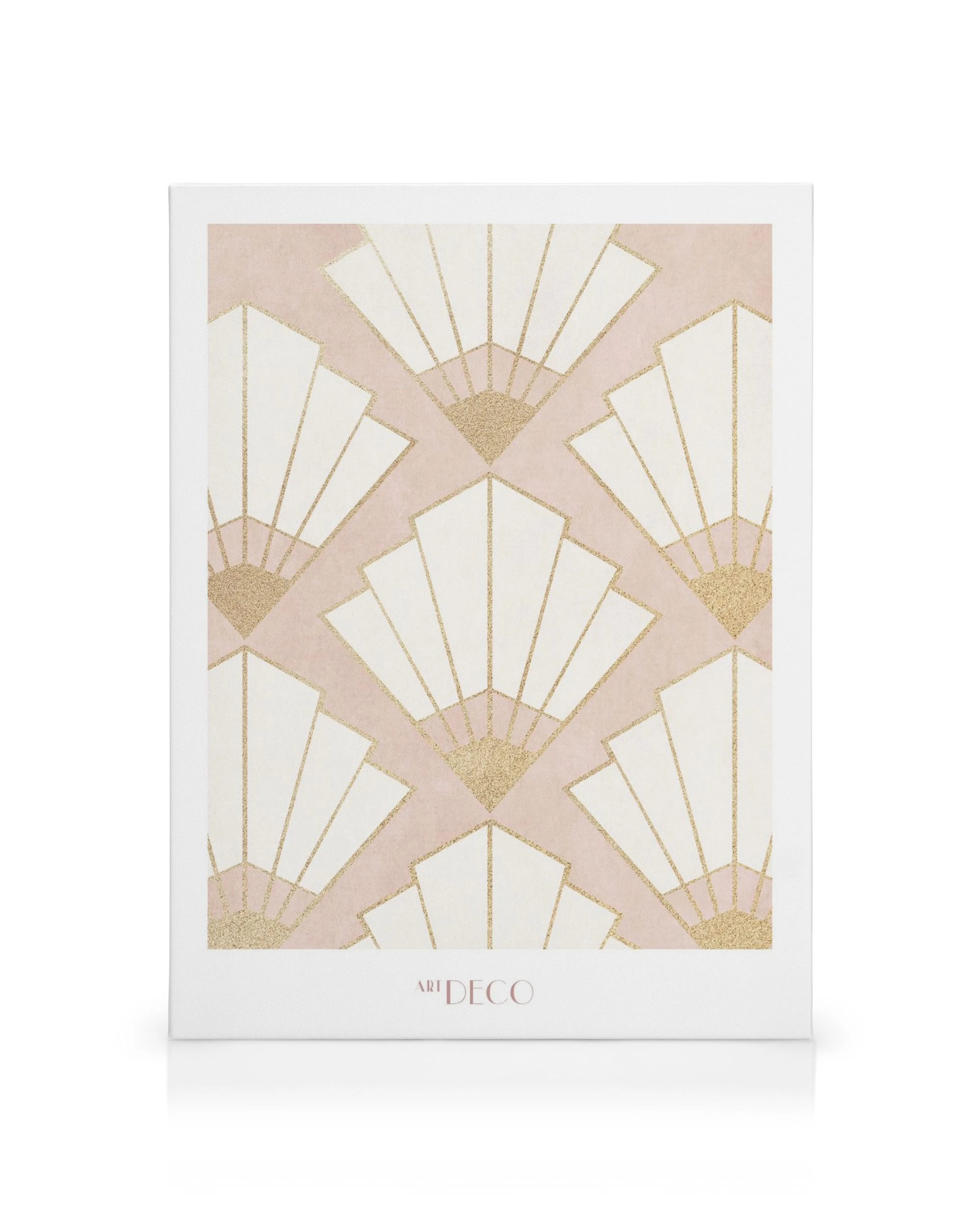 Lienzo Art Deco con patrón geométrico de diamantes y líneas doradas, blancas y rosadas.