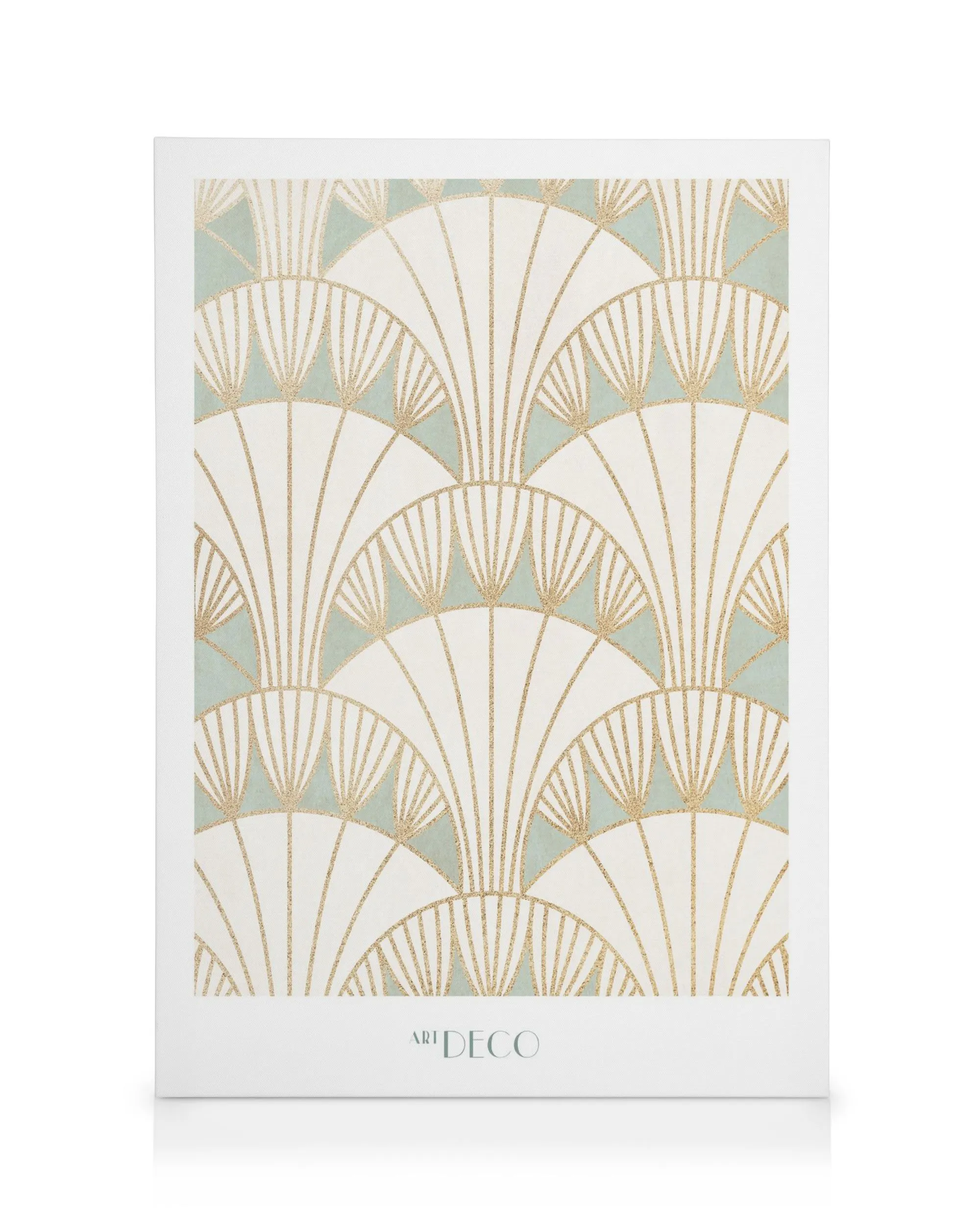 Art Deco obraz na plátně se vzorem vějířů ve zlaté a mátově zelené barvě pro elegantní styl.