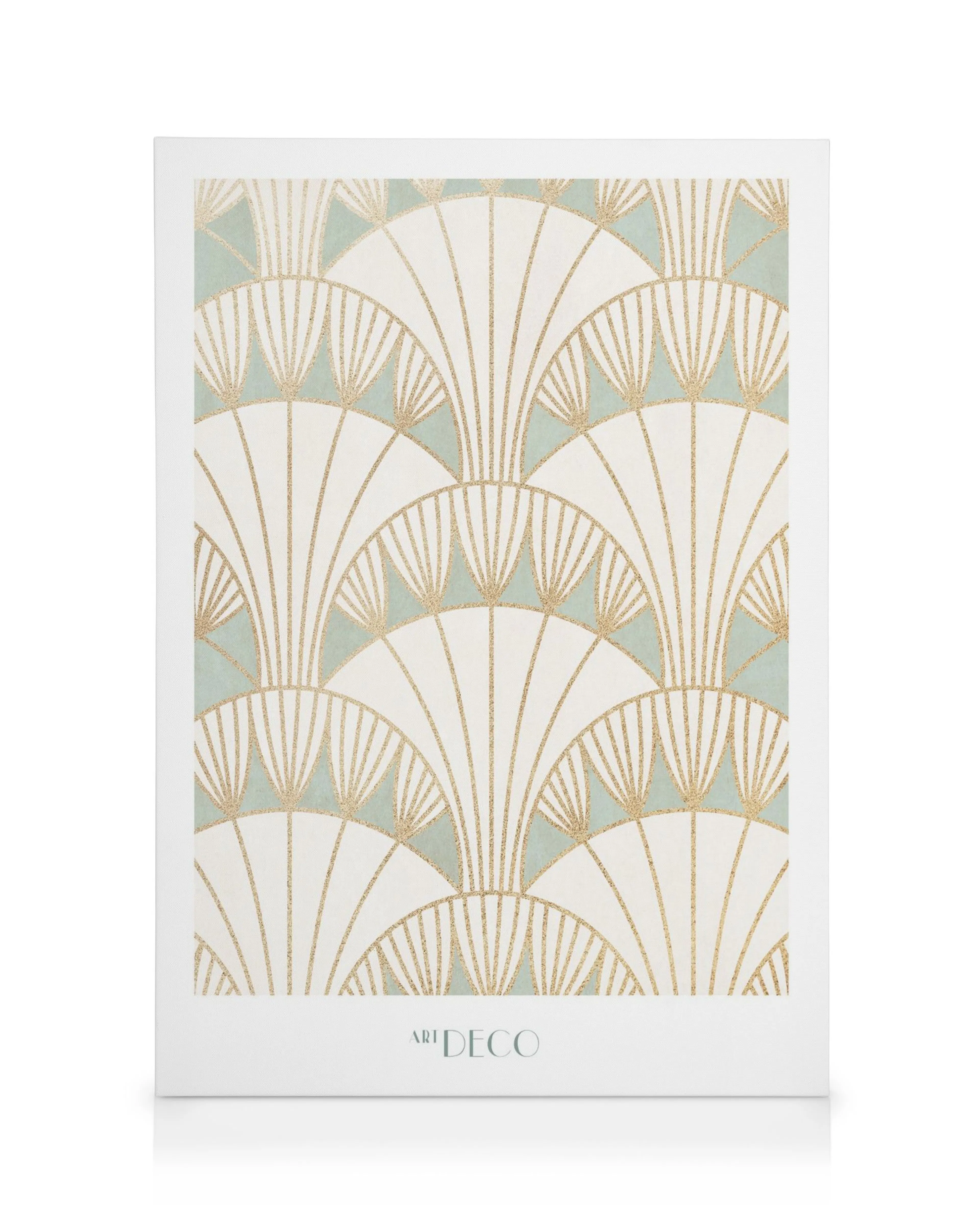 Art Deco obraz na plátně se vzorem vějířů ve zlaté a mátově zelené barvě pro elegantní styl.