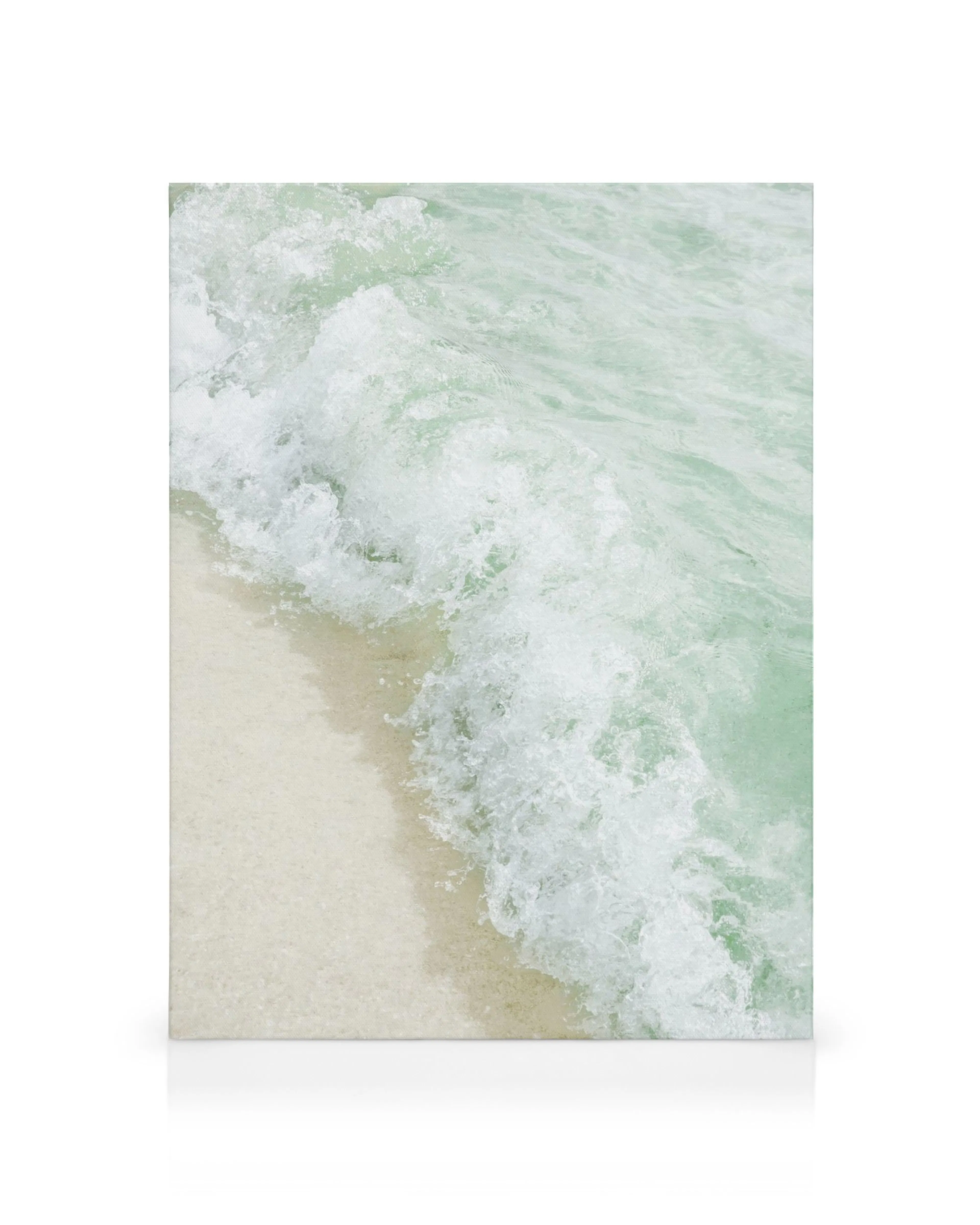 Green Waves canvas print, featuring a vivid close-up of foamy ocean waves in light green and white breaking on a sandy beach.