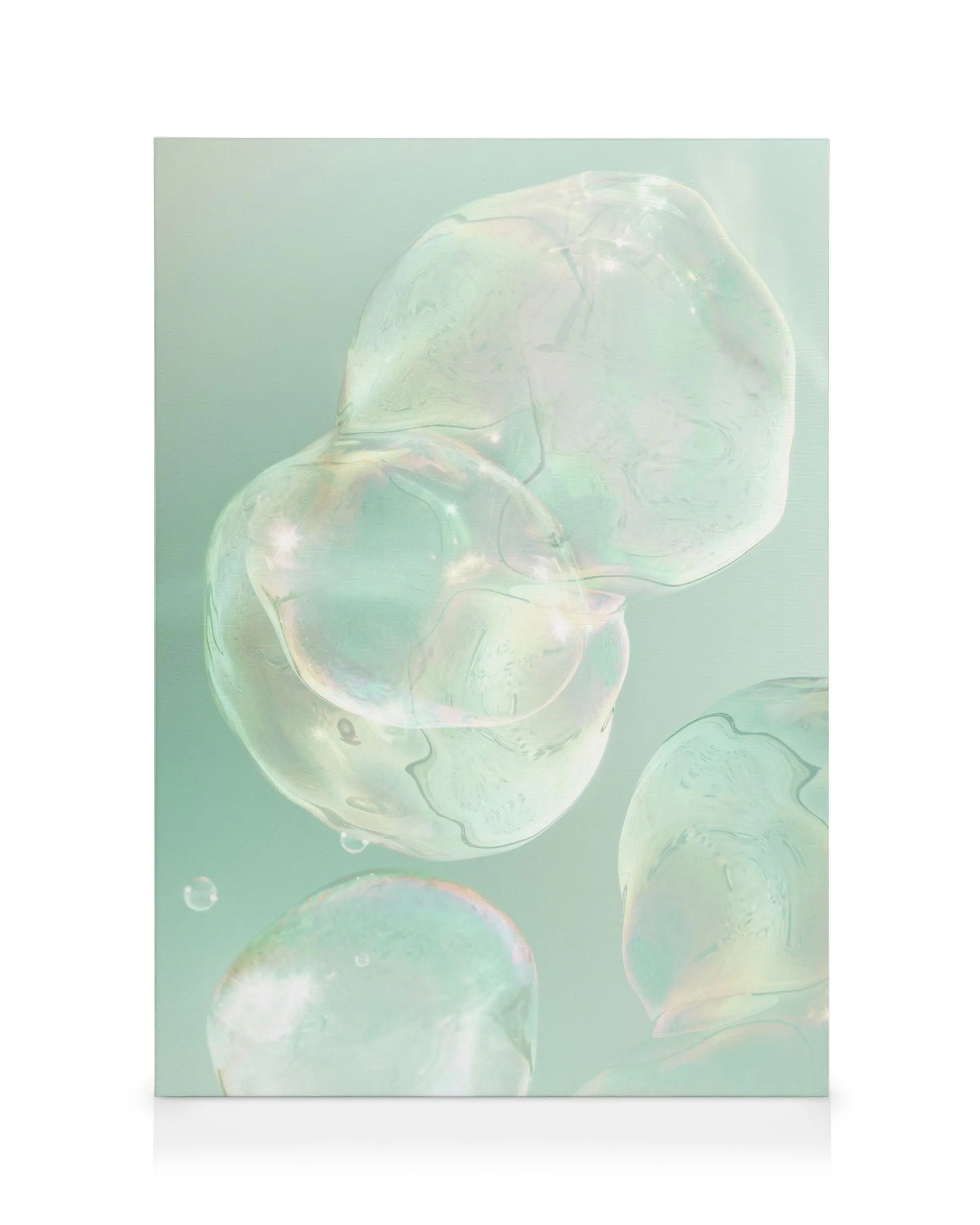 Stampa su tela con bolle iridescenti rosa, verdi e blu su sfondo verde tenue. Arte moderna per decorazioni murali.