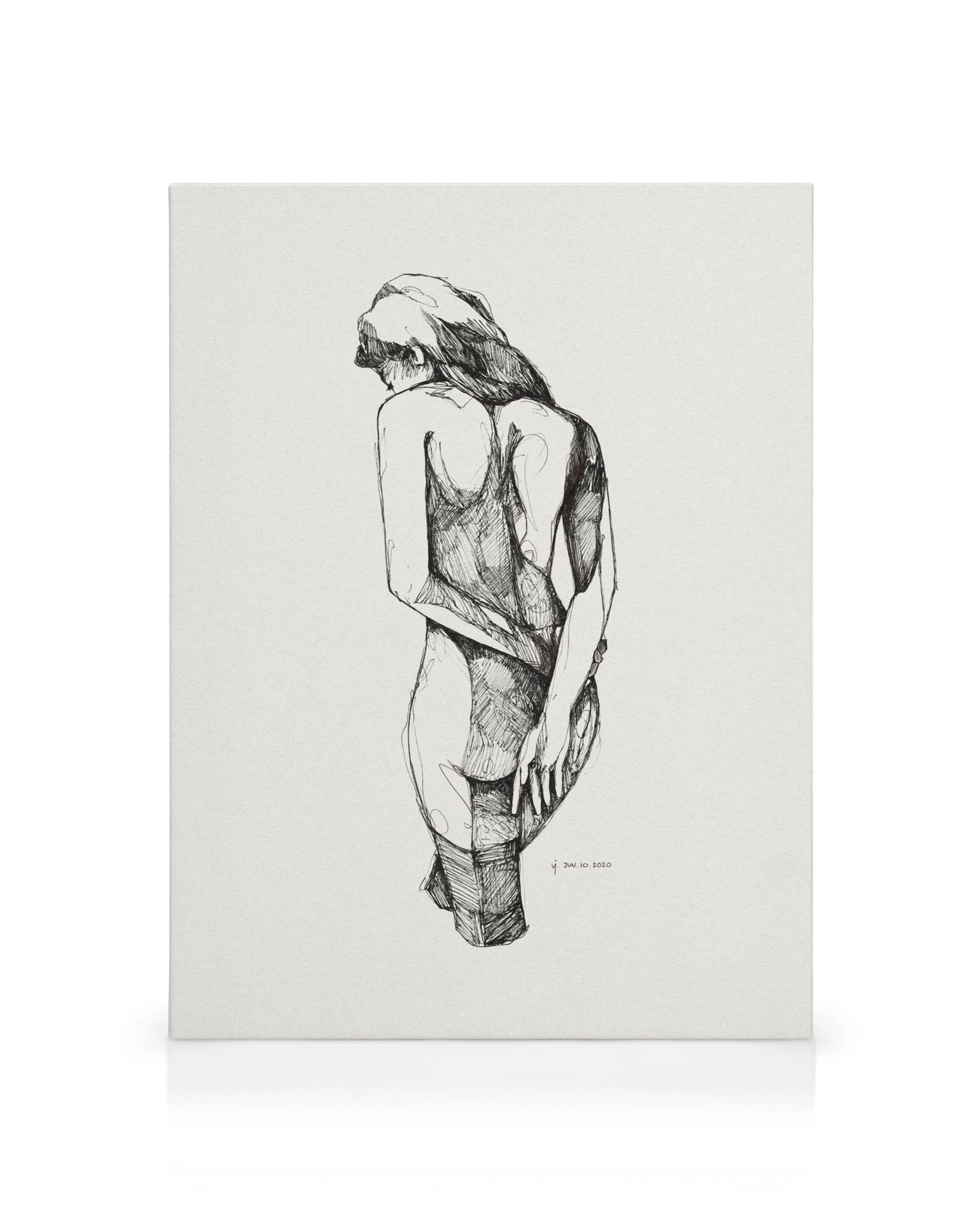 Black and white sketch canvas print of a thoughtful woman viewed from behind, ideal for canvas art.