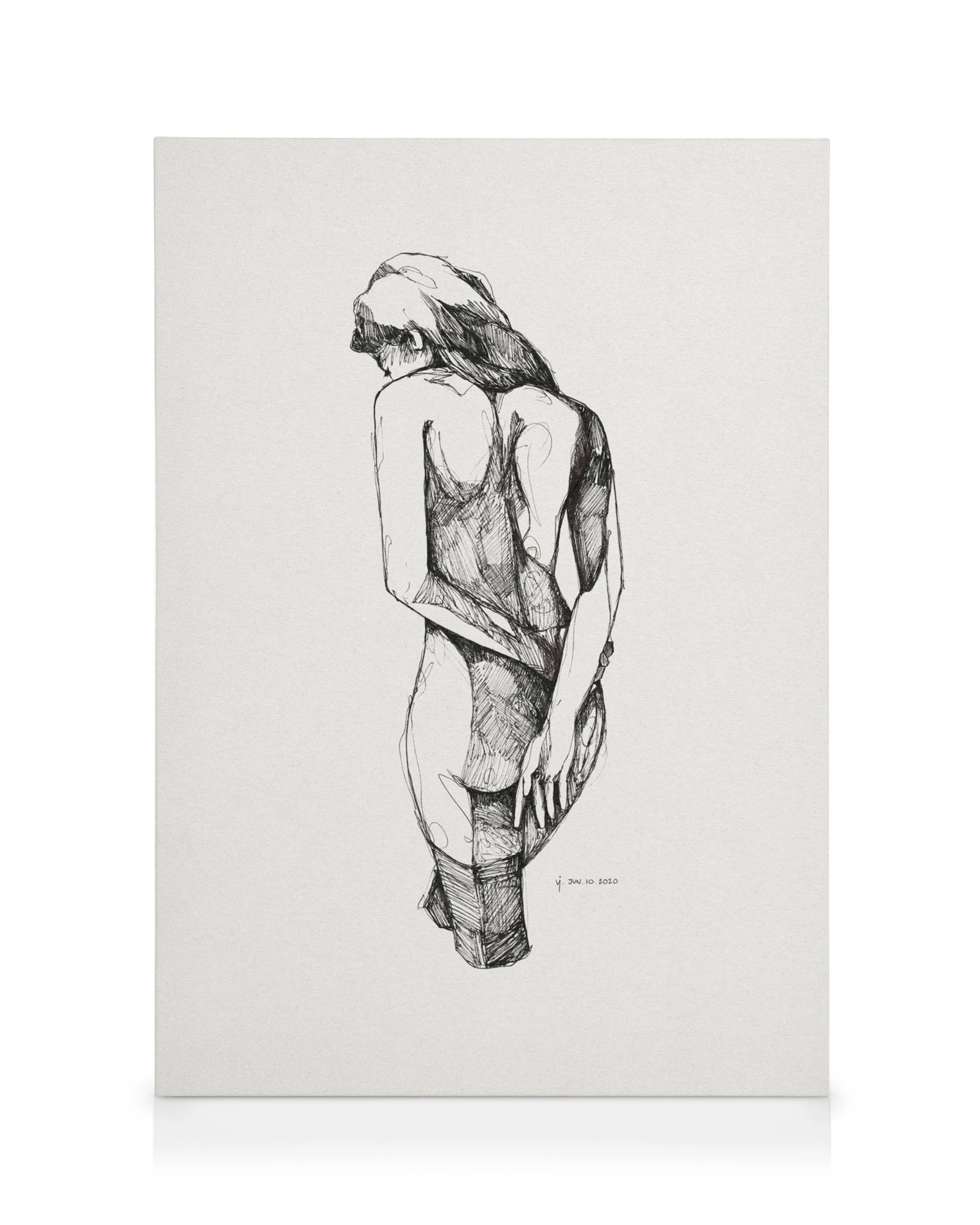 Toile avec un dessin en noir et blanc dune femme élégante vue de dos