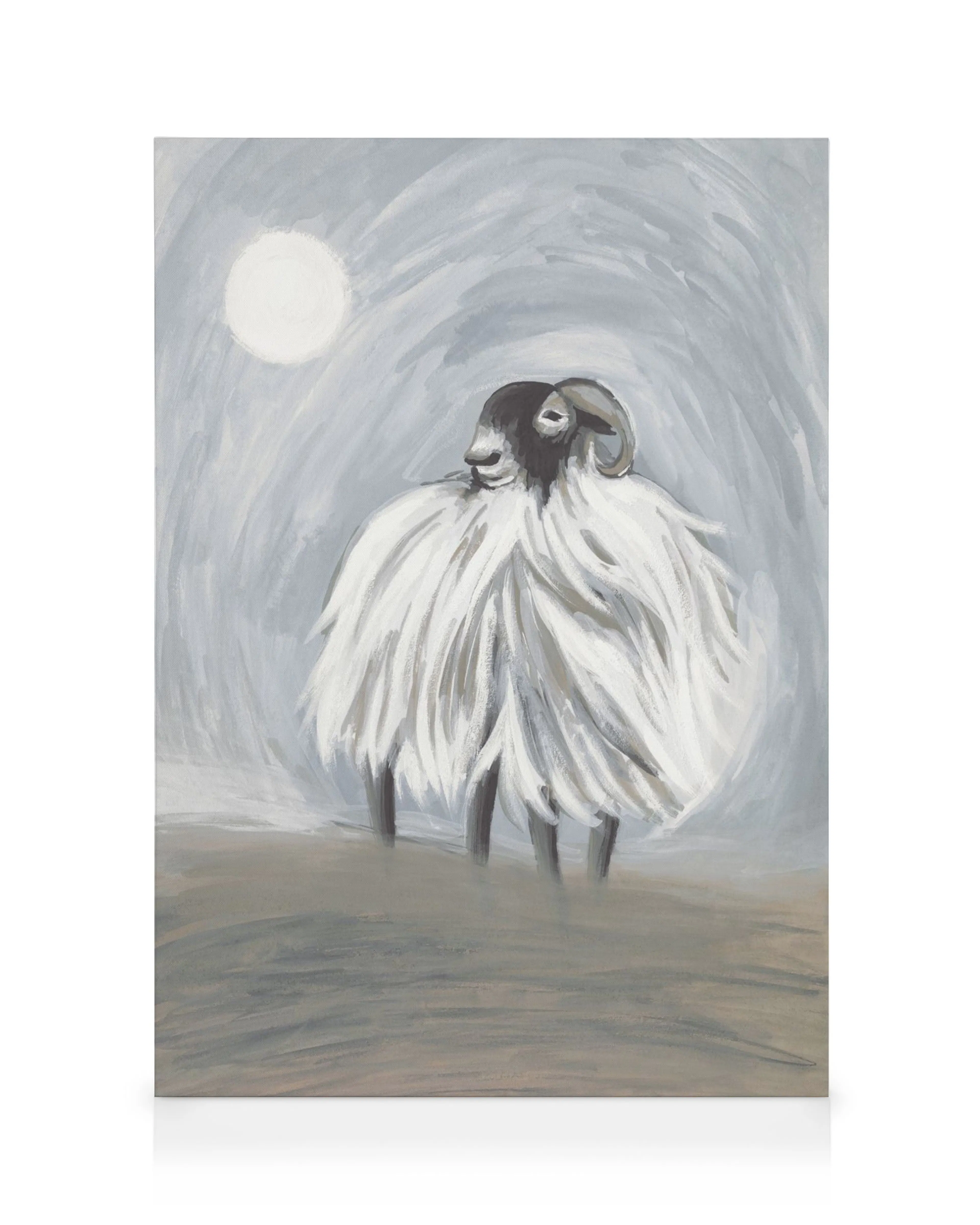 Toile mouton Highland blanc avec lune brillante sur fond tourbillonnant gris, texte typographie
