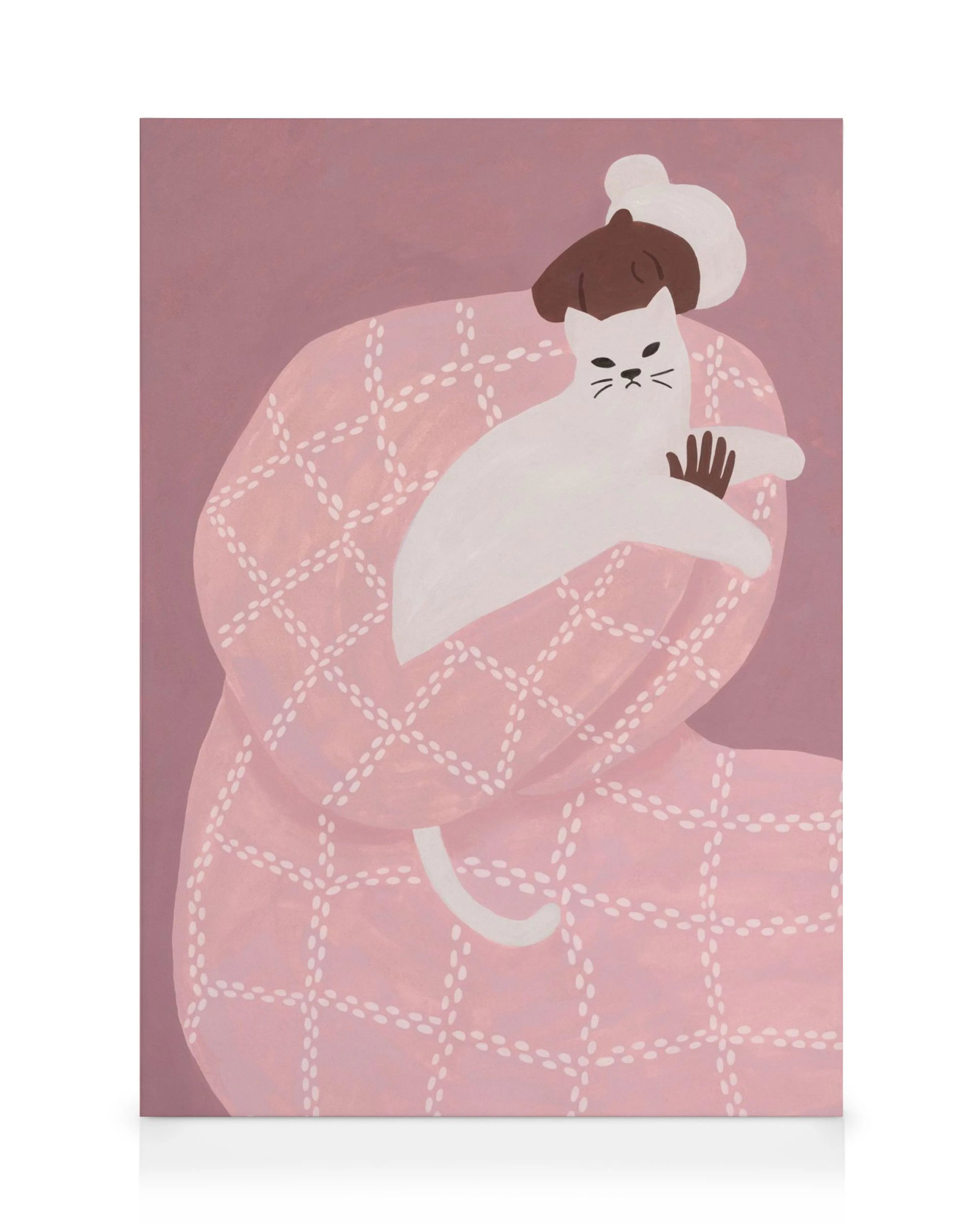 Lienzo de mujer abrazando gato blanco con manchas marrones en manta rosa. Arte moderno de gato, decoración dulce.