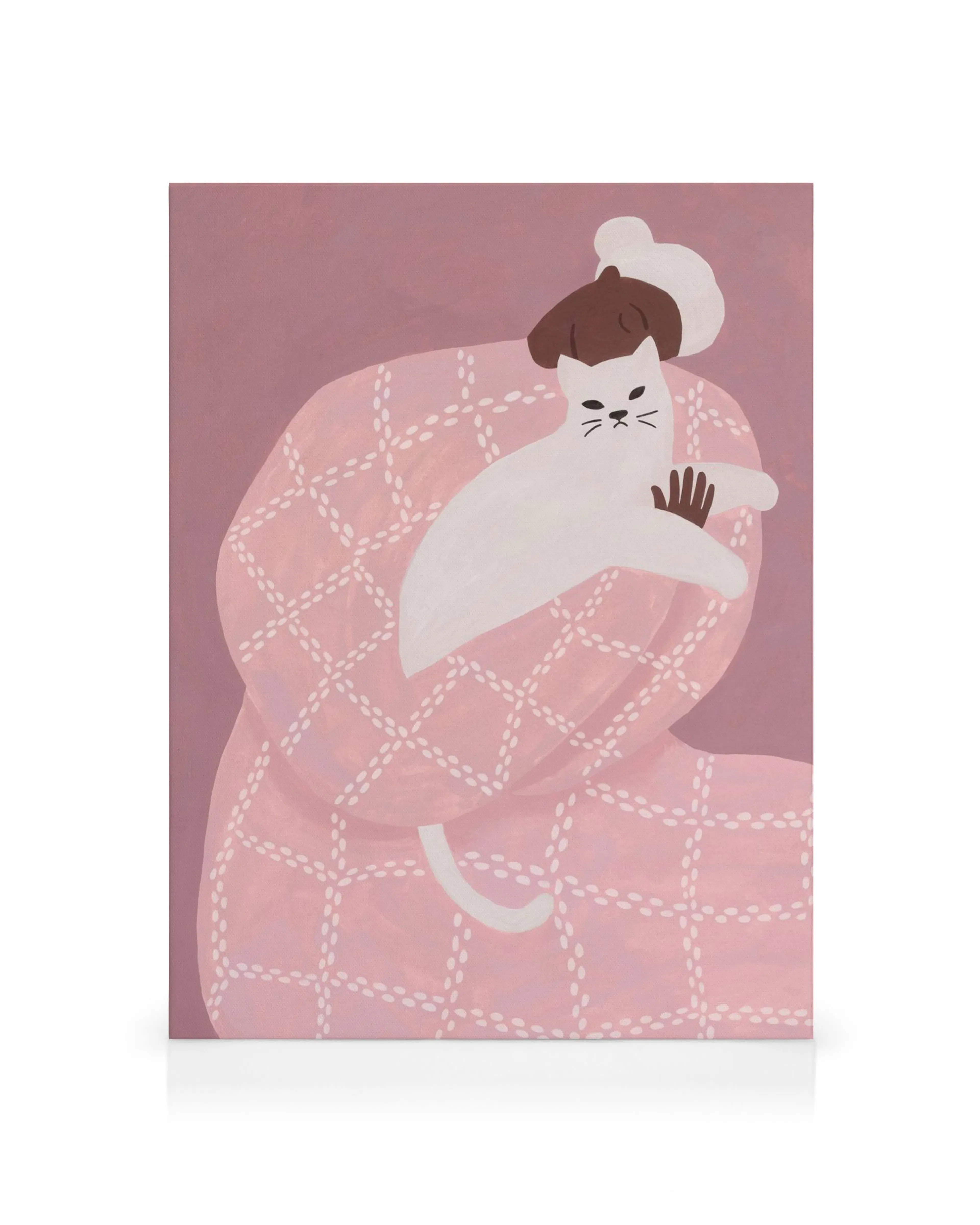 Lienzo de mujer abrazando gato blanco con manchas marrones en manta rosa. Arte moderno de gato, decoración dulce.