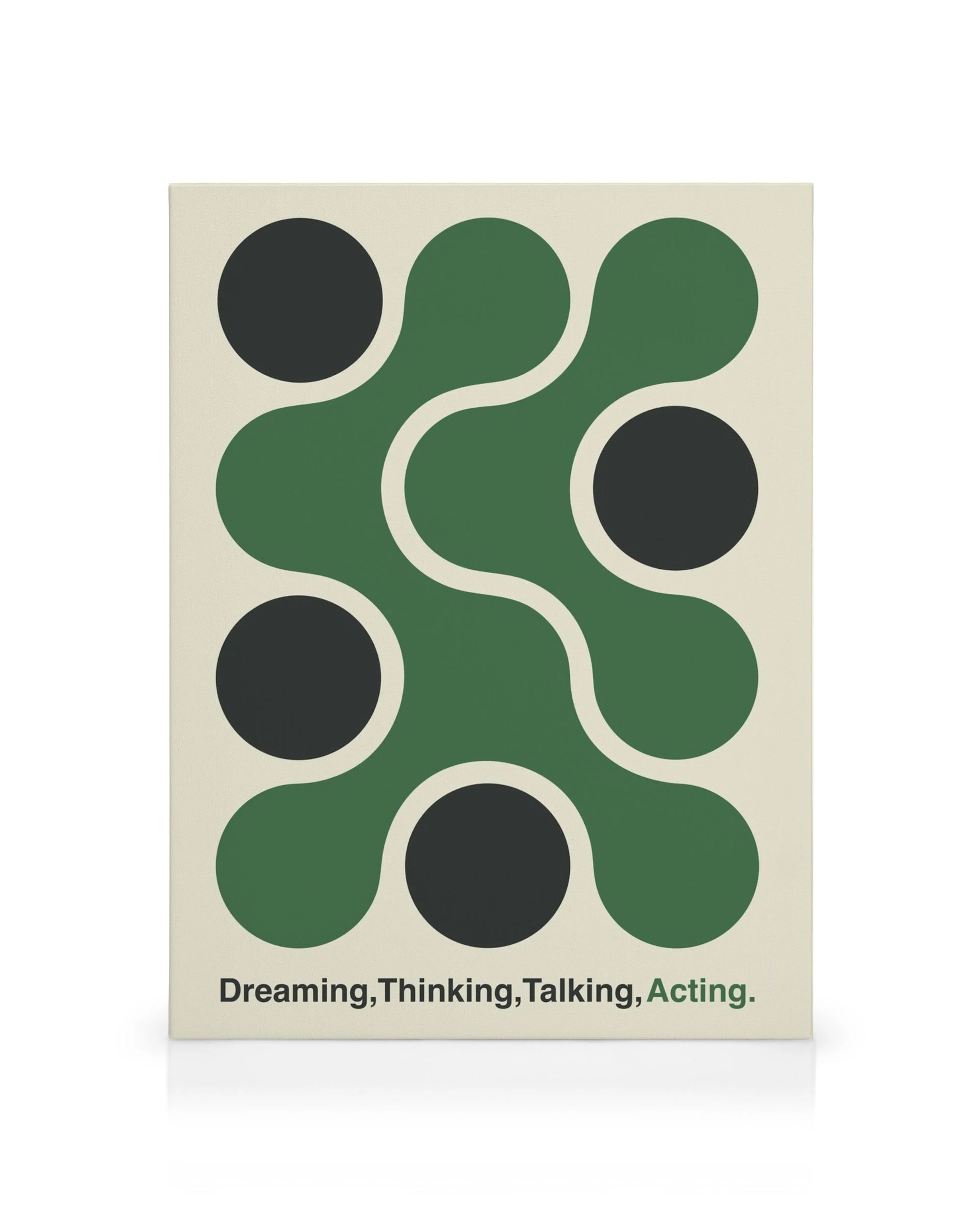 Tela abstrata com formas orgânicas verdes e círculos pretos num fundo bege, arte de parede moderna.
