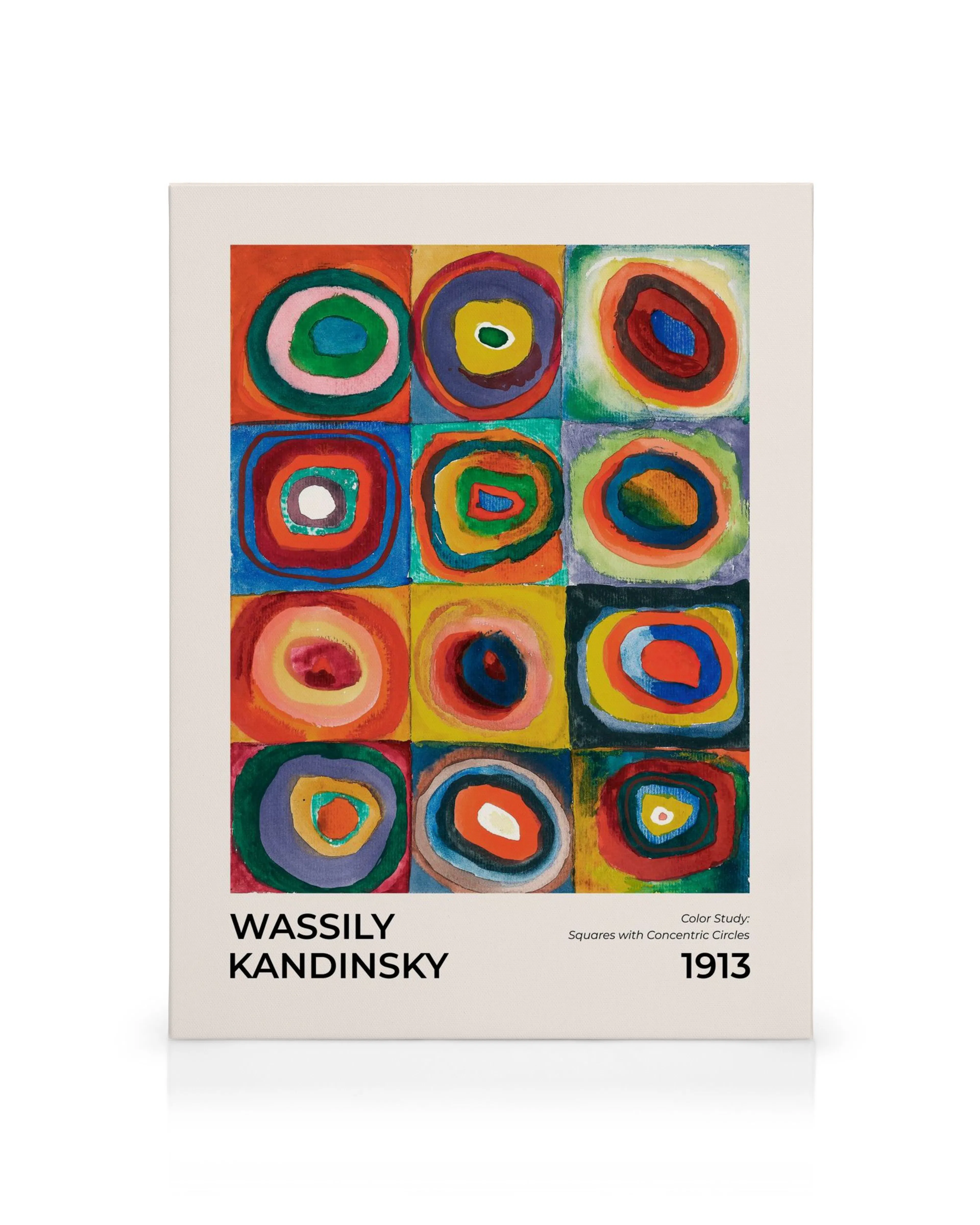 Kandinskys vibrant Squares with Concentric Circles canvas print, an abstract art piece with colourful rings on each square.