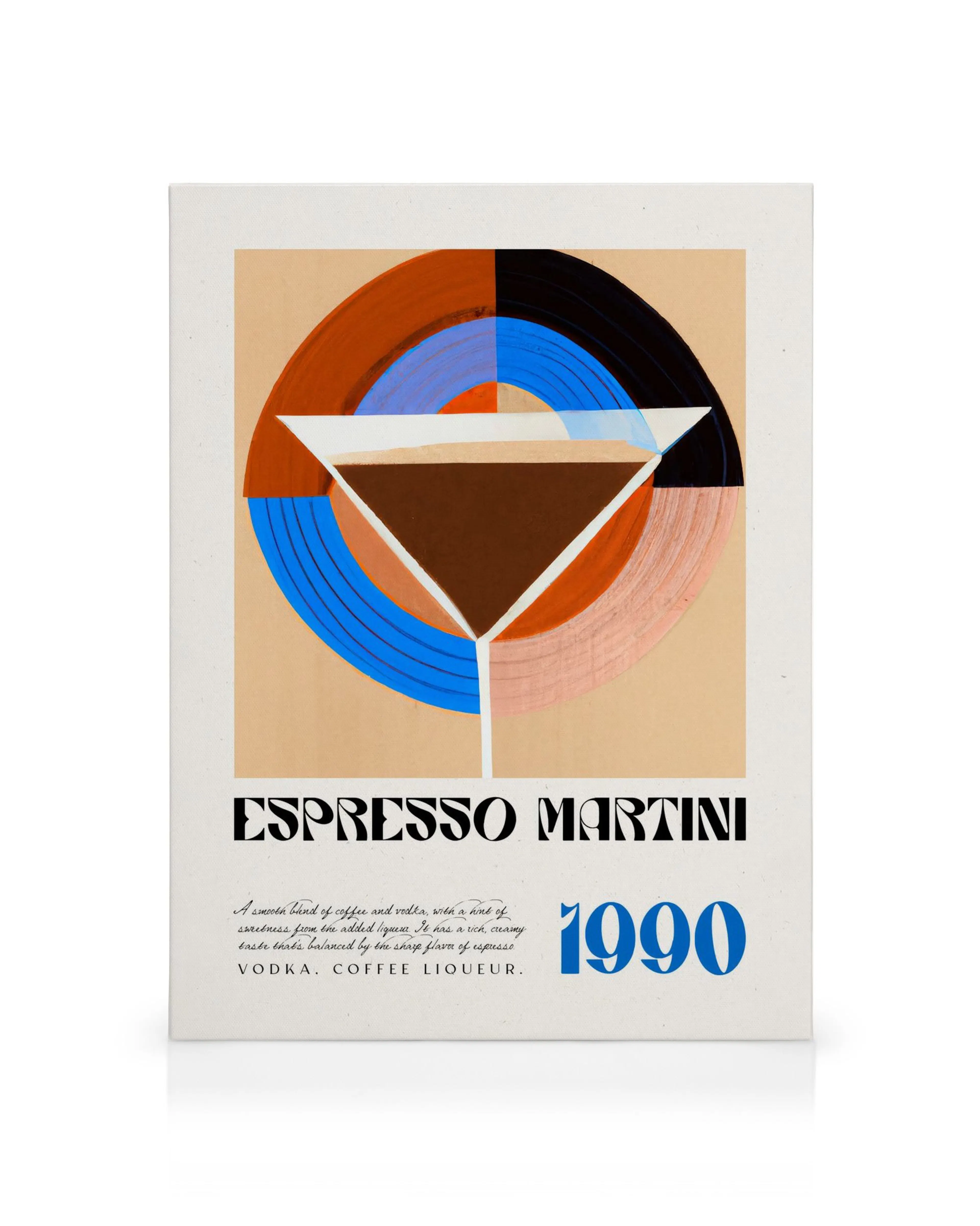 Toile Espresso Martini, recette graphique avec verre stylisé, couleurs marron, noir, bleu et pêche sur fond blanc