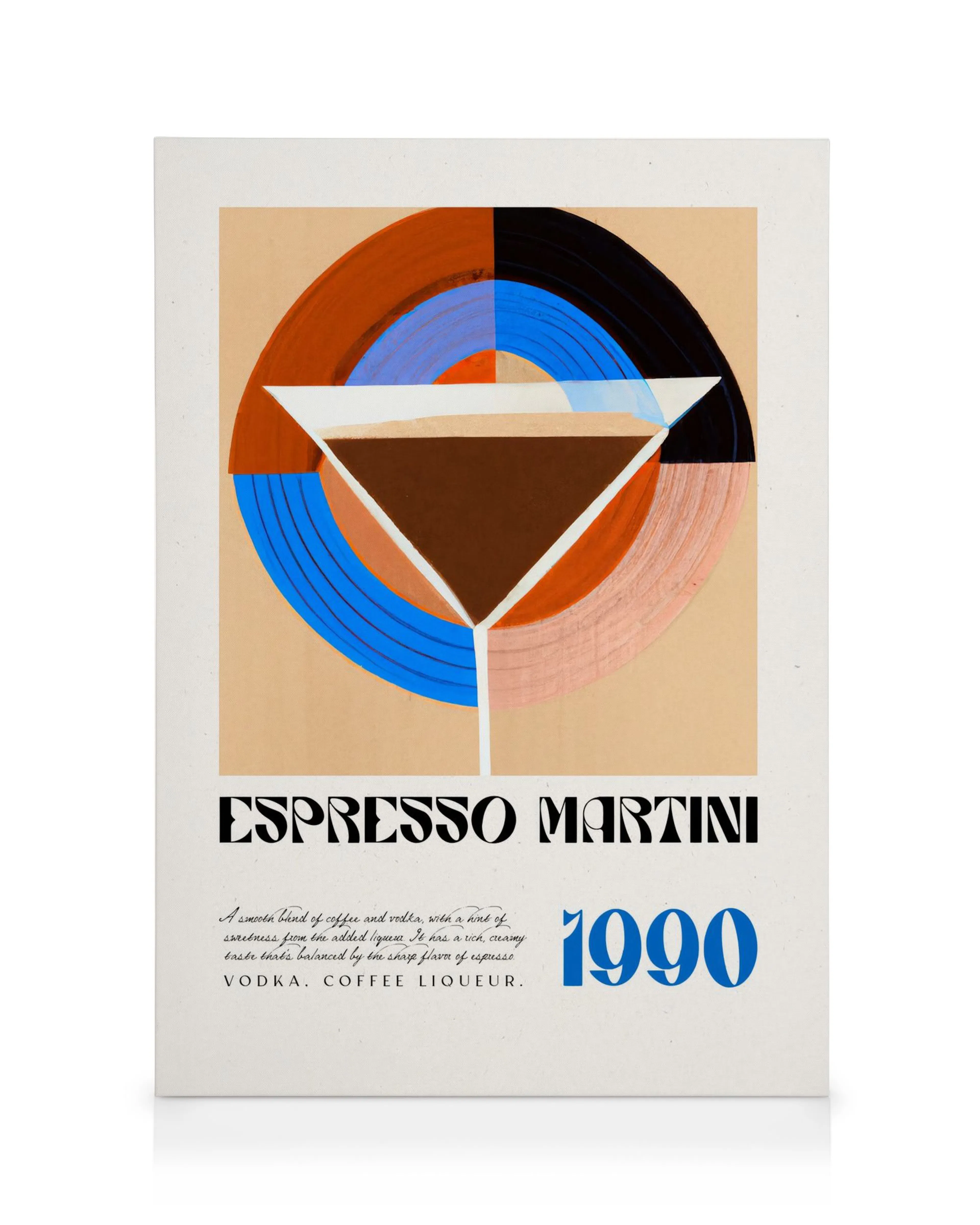 Tela Espresso Martini com ilustração de copo de cocktail em tons de castanho, preto, azul e pêssego, sobre fundo branco.